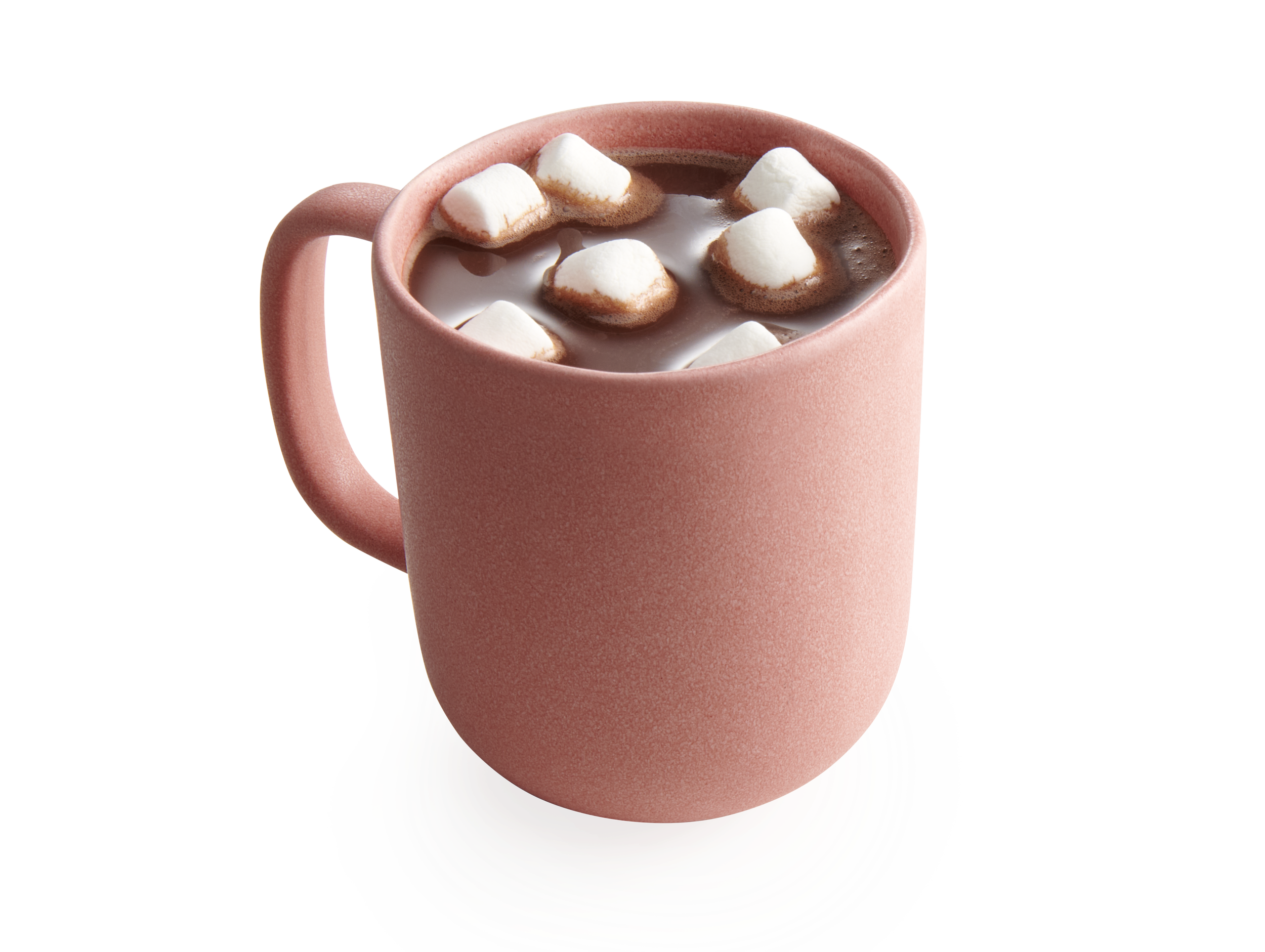 Mauve mug filled with hot chocolate and marshmallows.