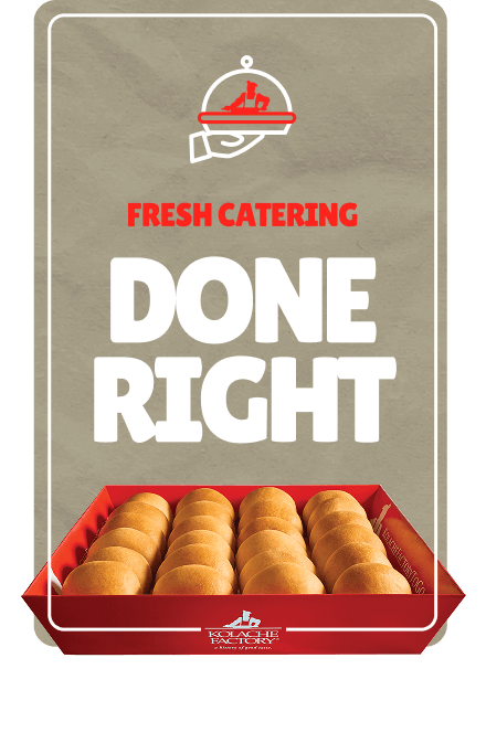 Sign with a service bell icon and the text "Fresh Catering Done Right" above a tray of Kolaches.