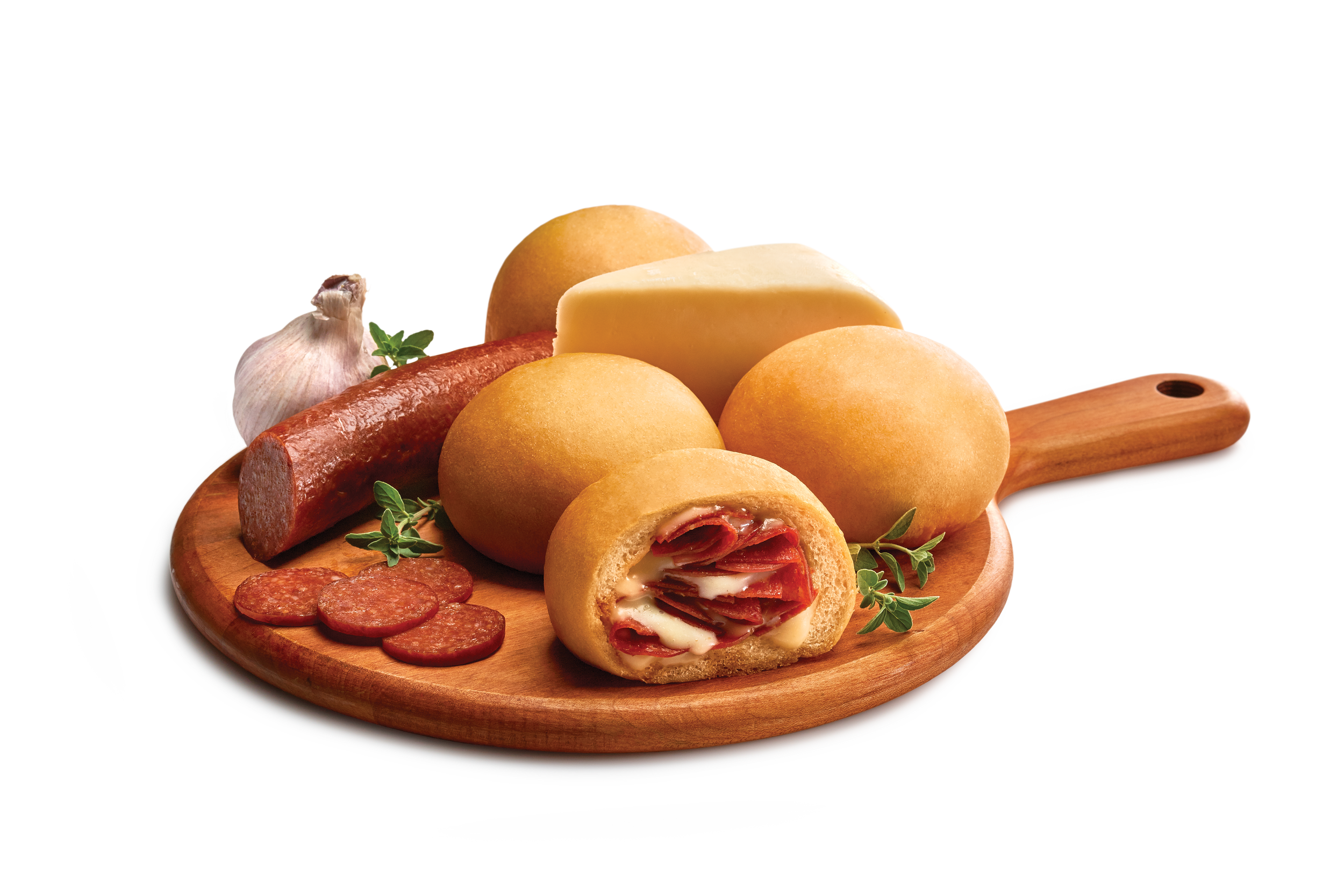 Four kolaches on a wooden cutting board with pepperoni, cheese and garlic.