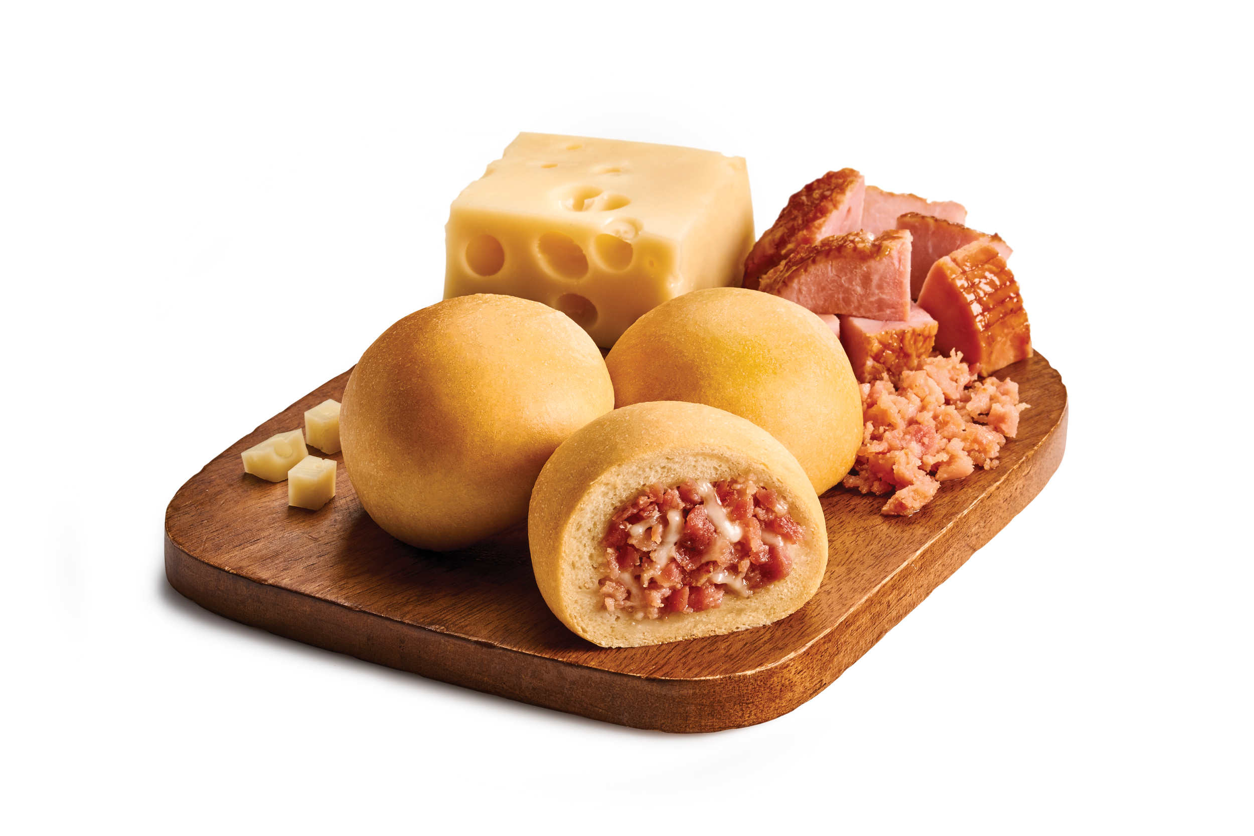 Three kolaches on a wooden tray with ham and swiss cheese.