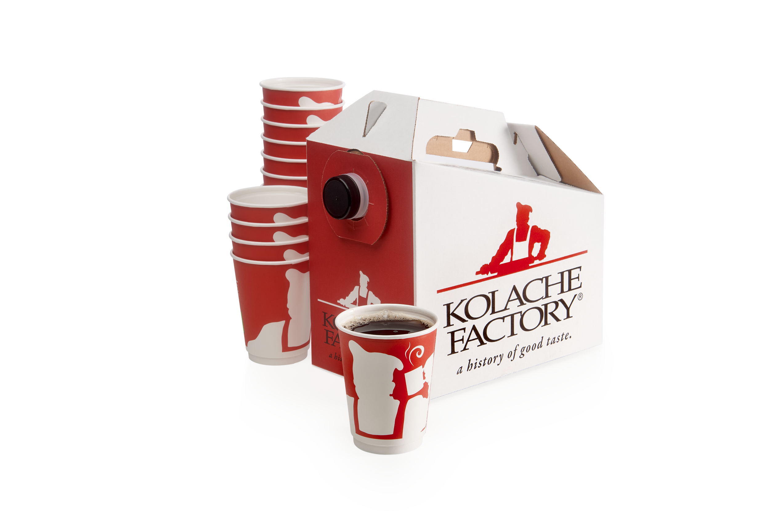 Coffee container with Kolache Factory cups