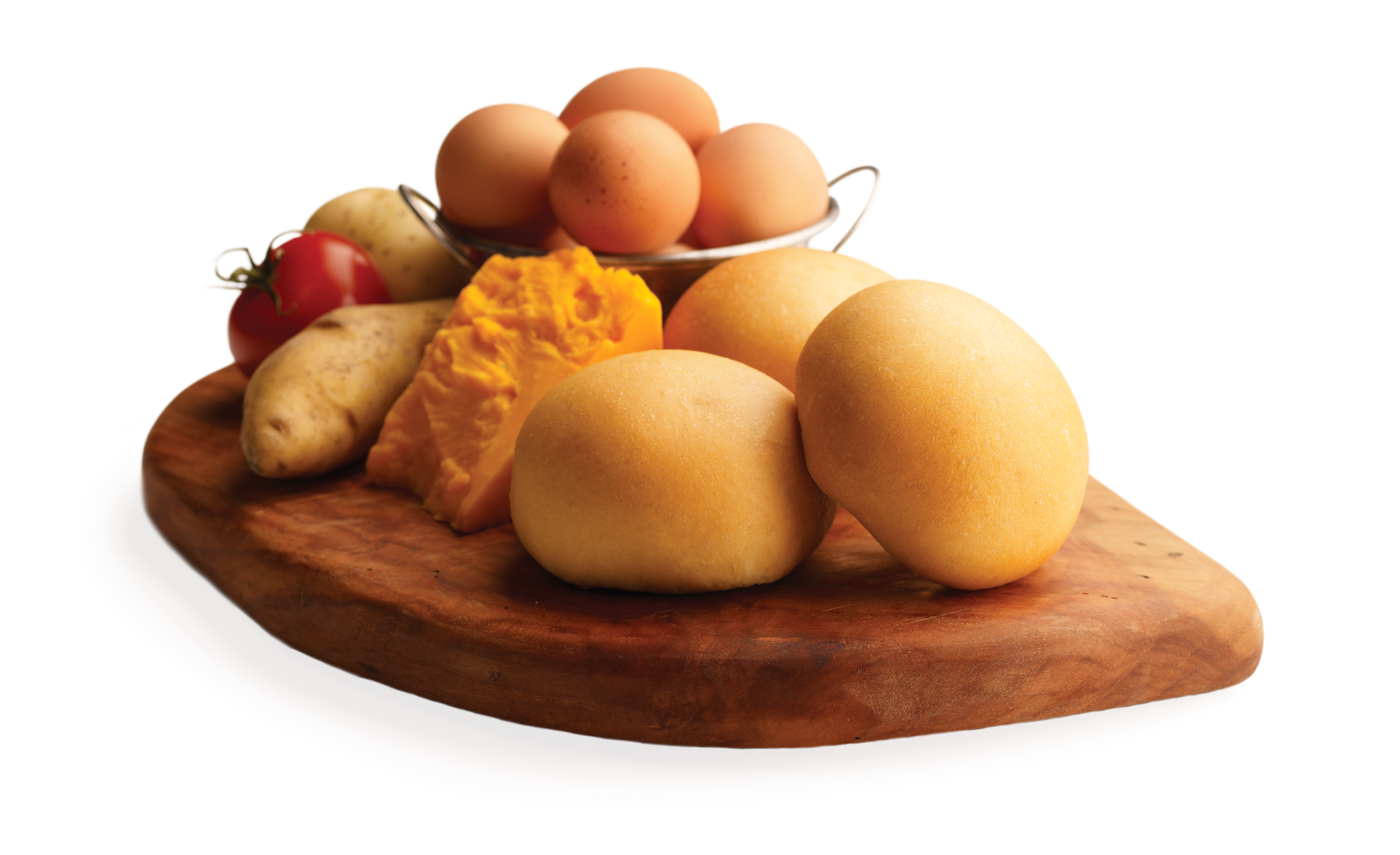 Three kolaches on a wooden serving tray with cheese, potatoes and eggs.