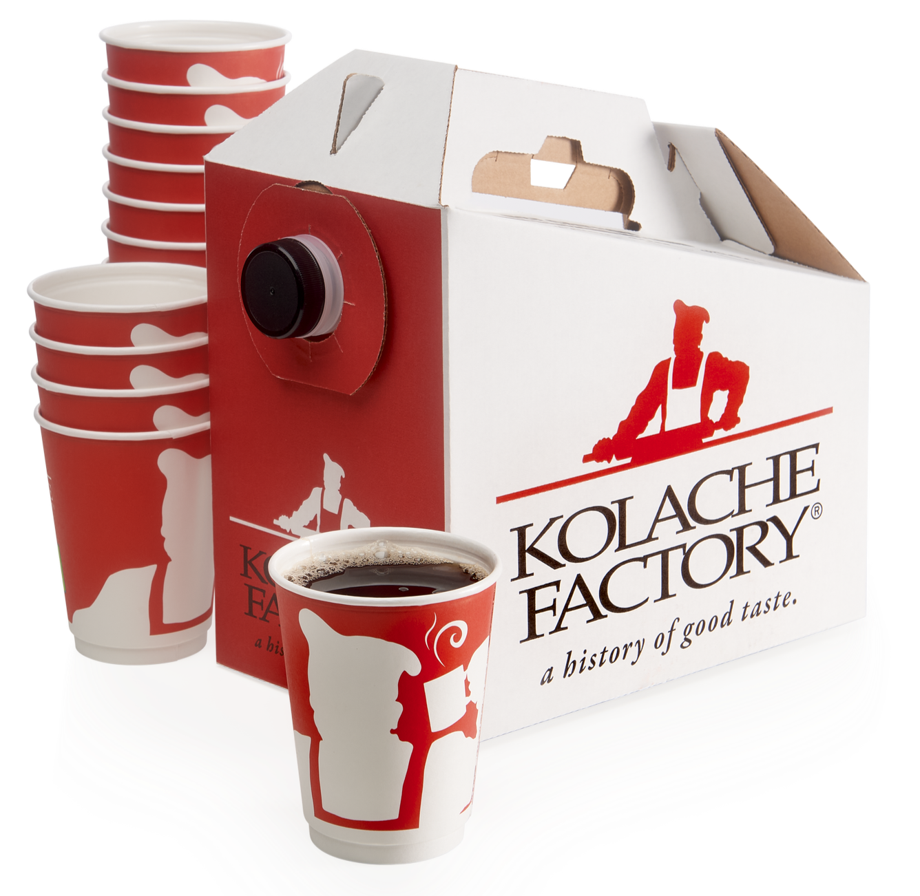 A box of Kolache Factory cups, with one cup of coffee in front of the box, surrounded by several empty cups stacked in a pile.