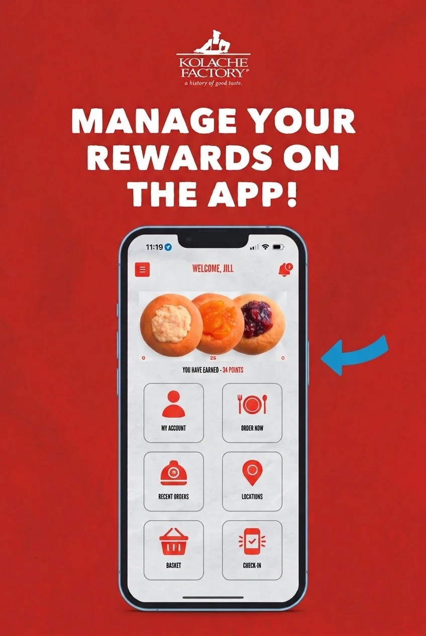 A promotional graphic showing a smartphone screen with a food rewards app from Kolache Factory, with the text "Manage your rewards on the app!" and an illustration of a three Kolaches with toppings.