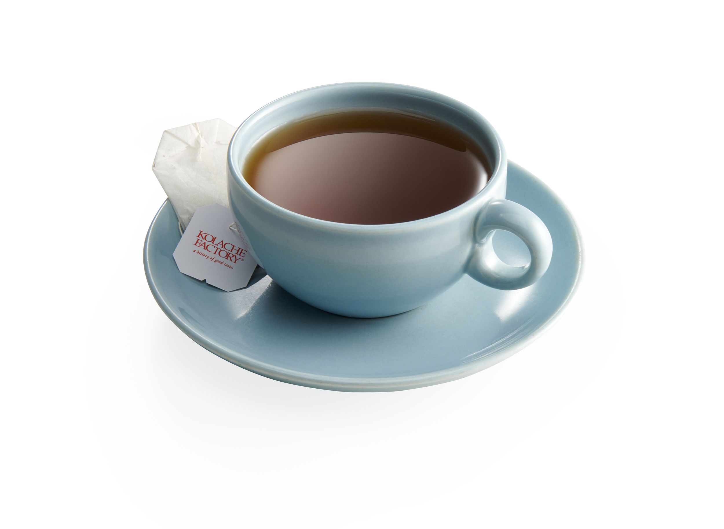 Robins Egg Blue tea cup and saucer with tea bag on the saucer.