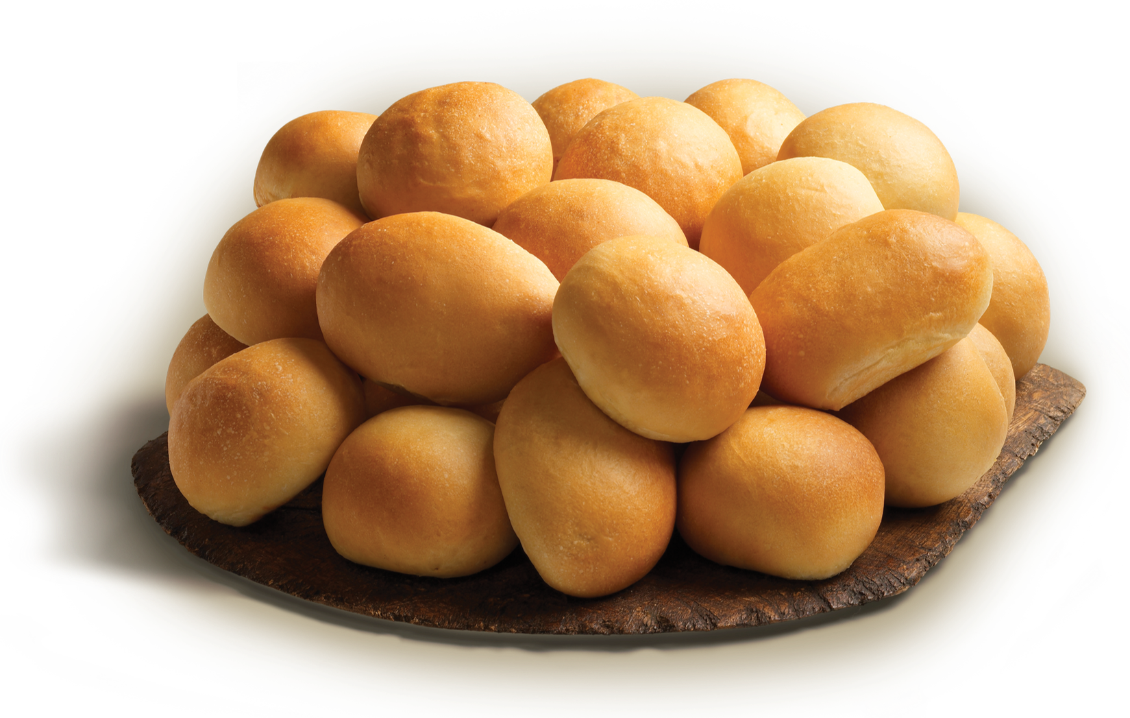 A pile of freshly baked bread rolls on a wooden serving tray.