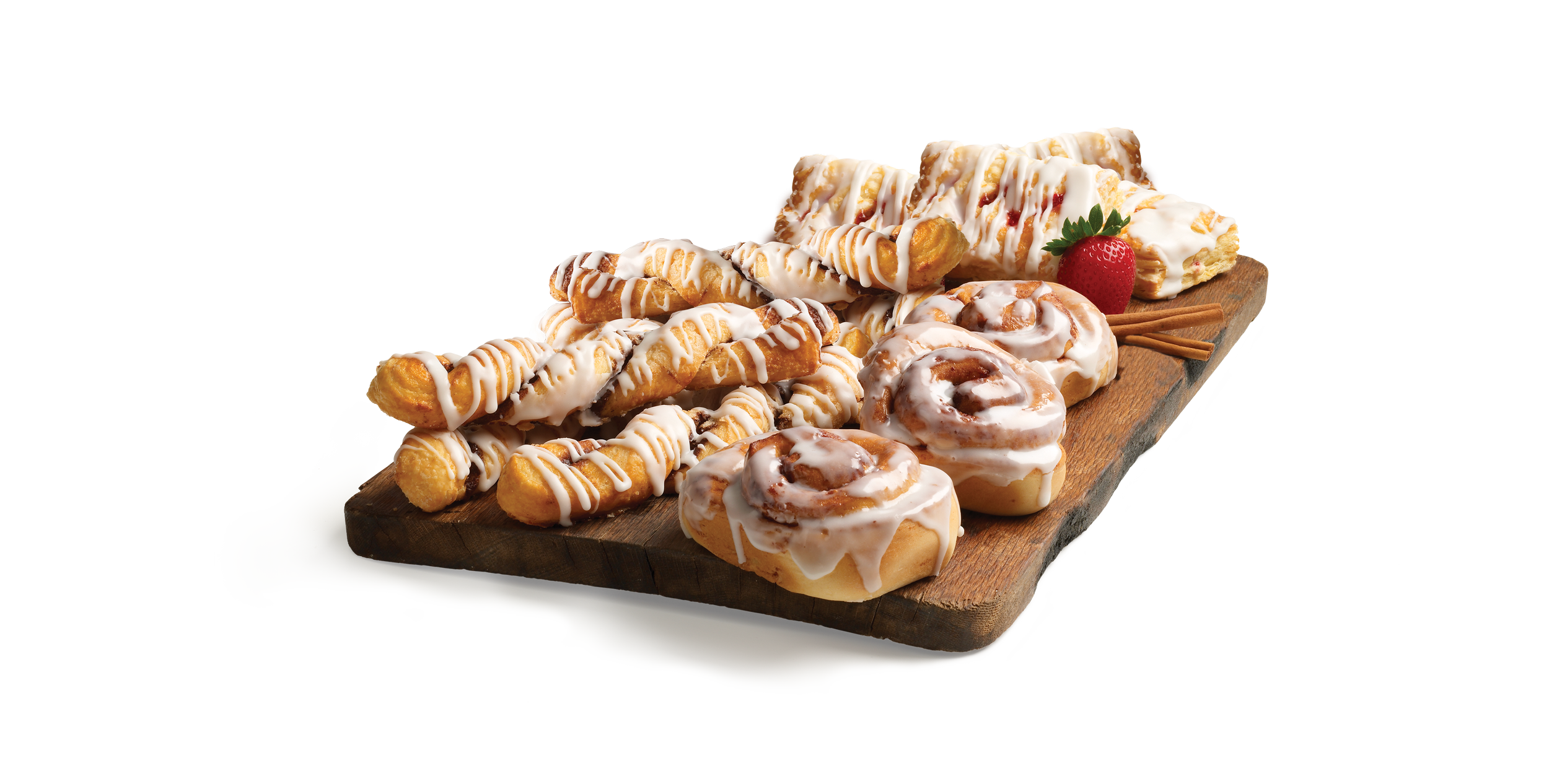 Tray featuring cinnamon rolls, cinnamon twists and strudels.