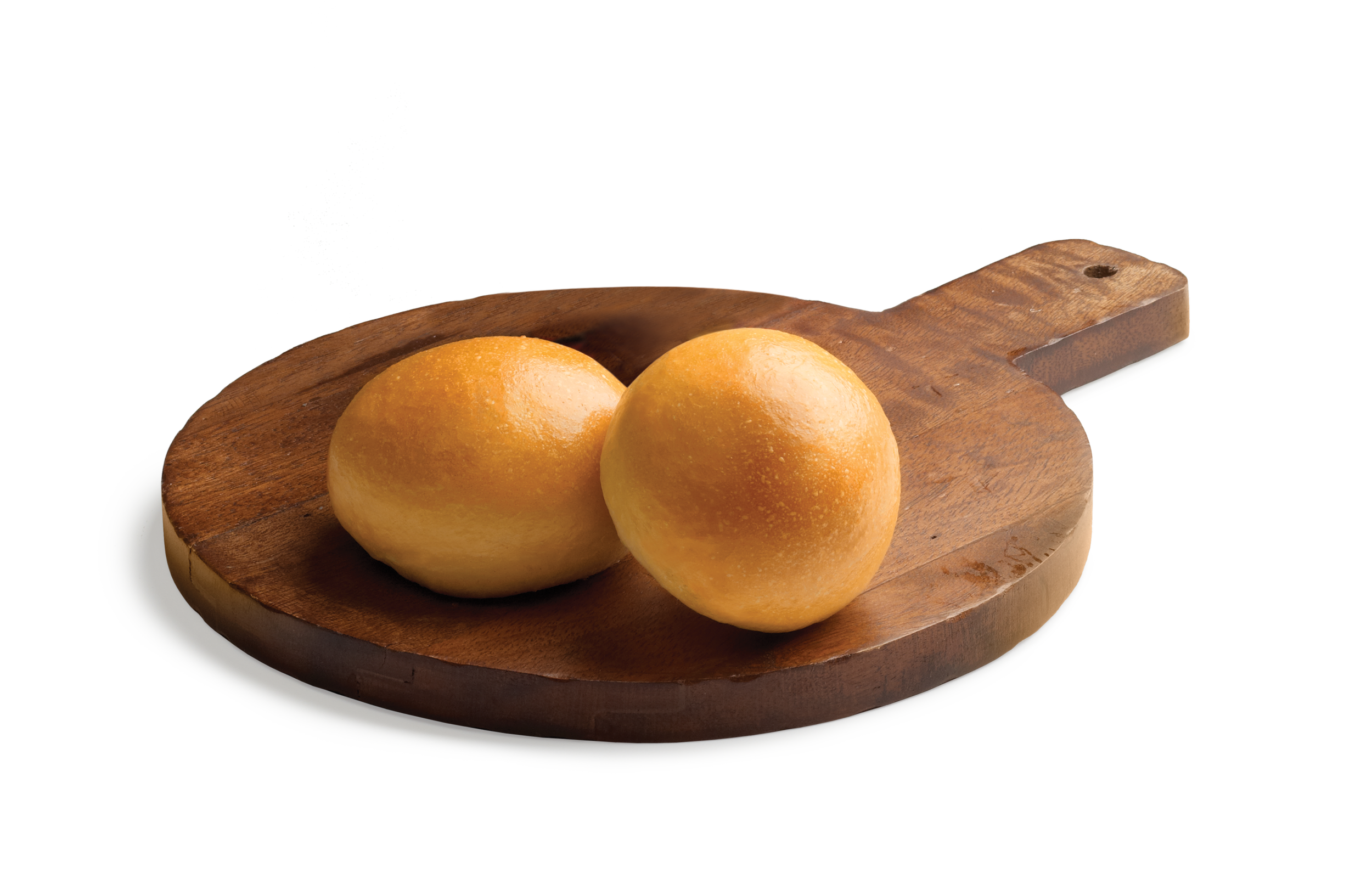 Two kolaches on a wooden board.