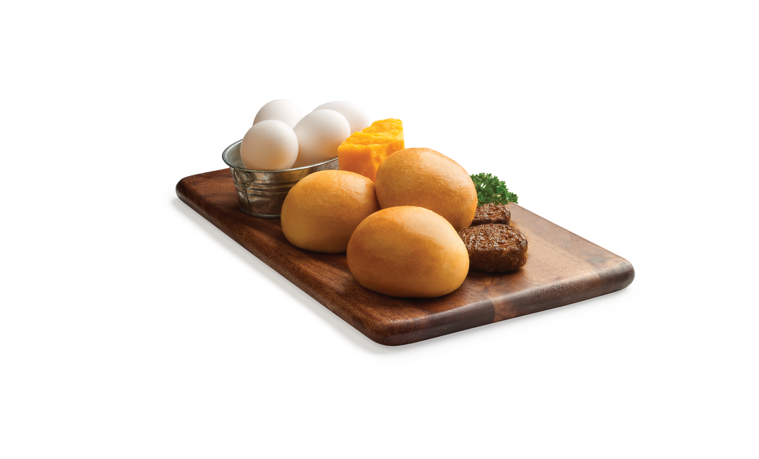Three Kolaches with sausage, egg and cheese on a wooden serving tray.