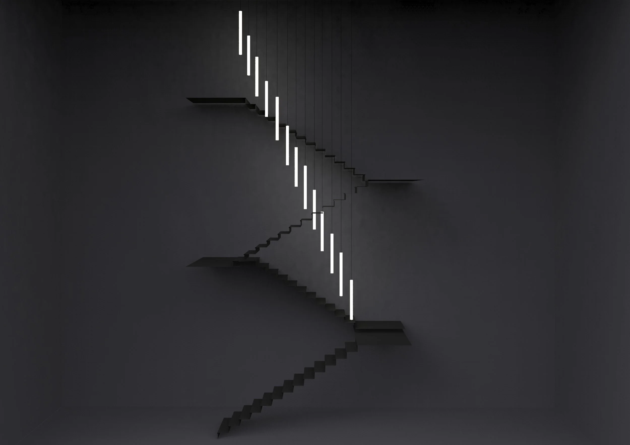 A modern staircase with black steps and thin white vertical lights along the wall, set against a dark background.