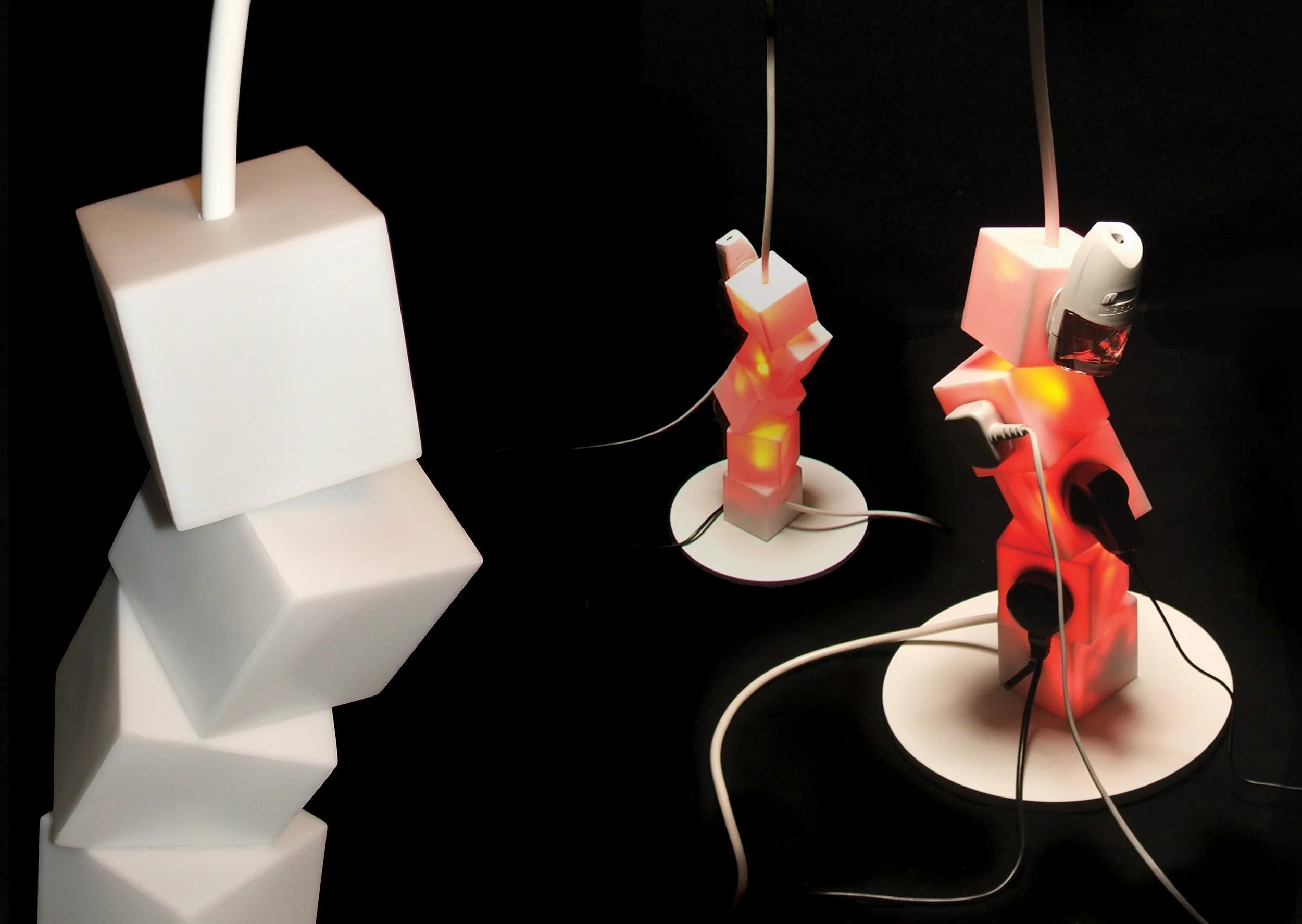 Multiple white charging adapters connected to black power outlets, with glowing orange lights indicating active charging.