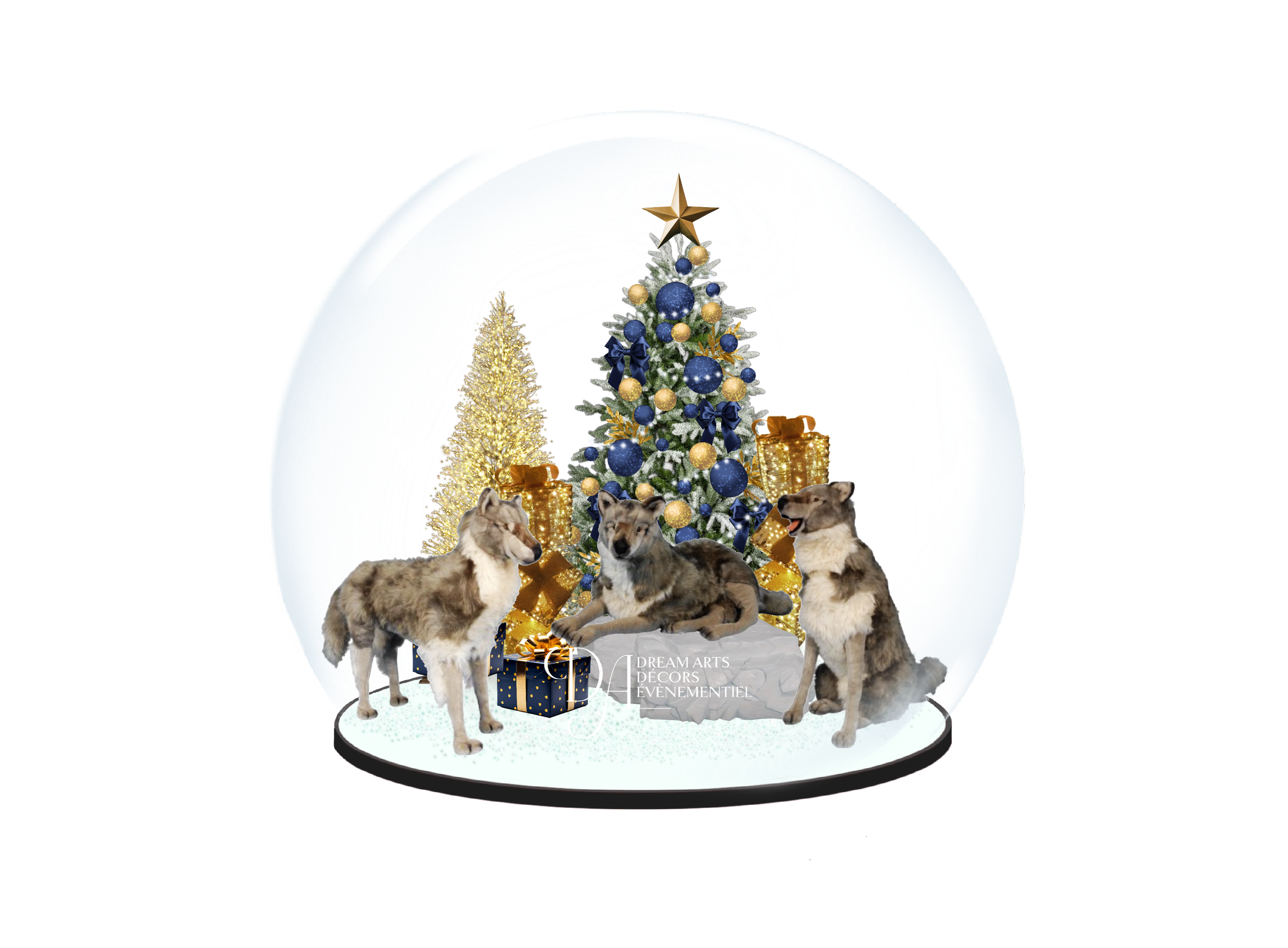 Scène de Noël Alpes avec sapin décoré, cadeaux emballés et quatre loup.