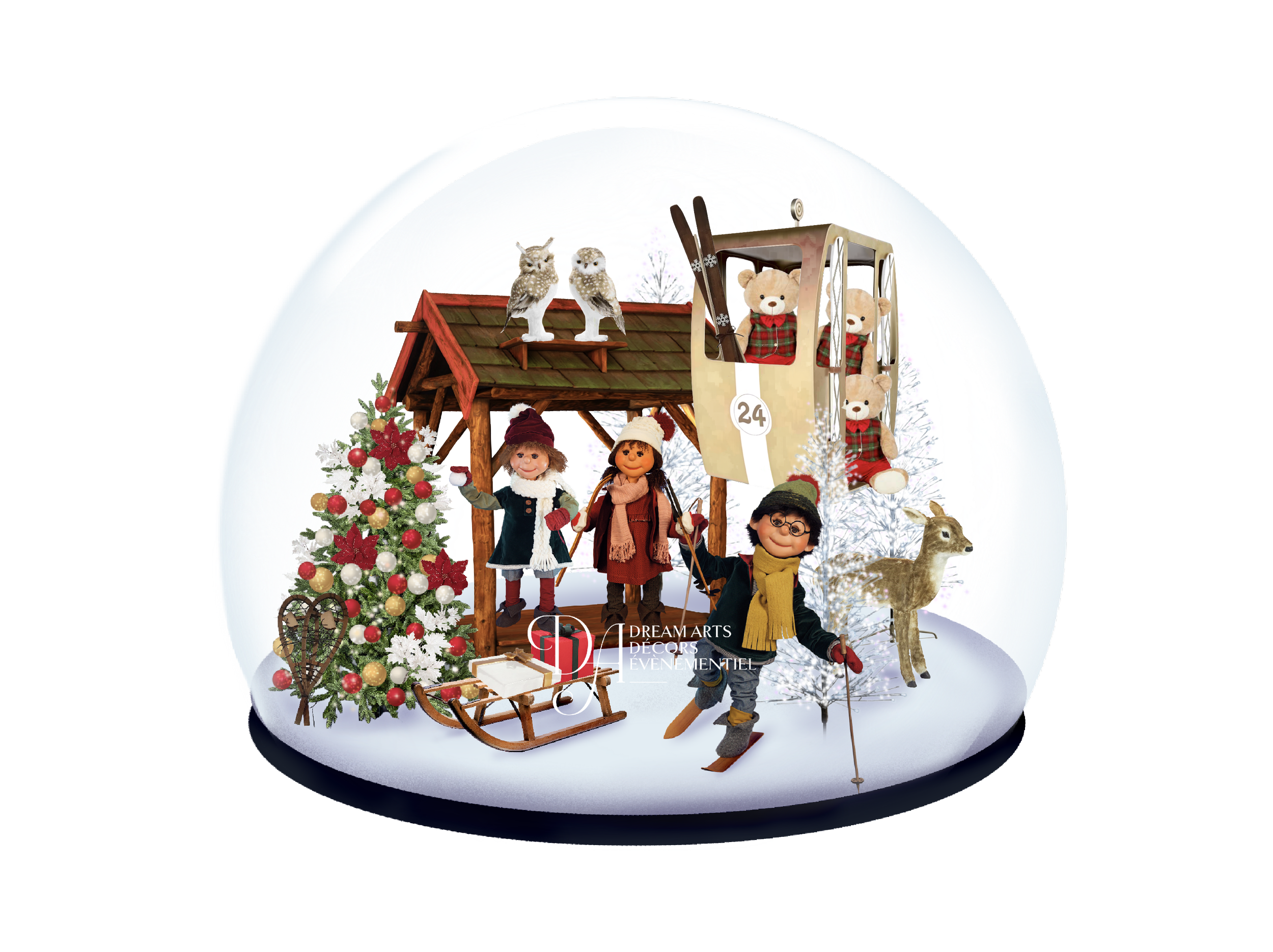 Une scène de Noël festive mettant en scène un sapin décoré, un traîneau en bois, des enfants vêtus chaudement et portant des accessoires de fête, des ours en peluche, un patineur sur glace, des petits animaux.