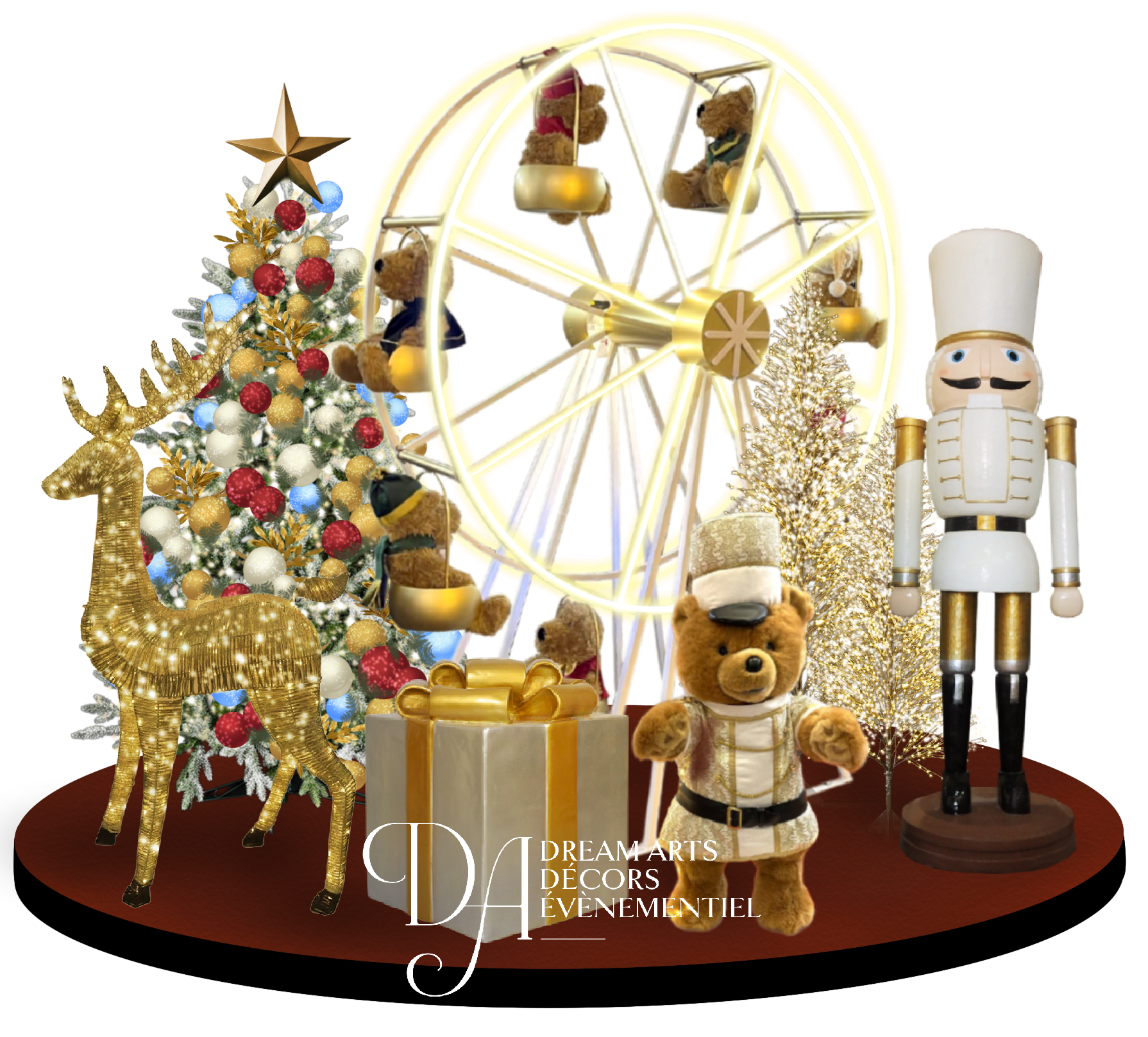 Scène de Noël décorative avec un renne doré, un sapin de Noël décoré de boules rouges, blanches, dorées et bleues, une grande roue illuminée avec des sièges en forme d'ours en peluche, un casse-noisette, un ours en peluche vêtu d'or, une boîte cadeau