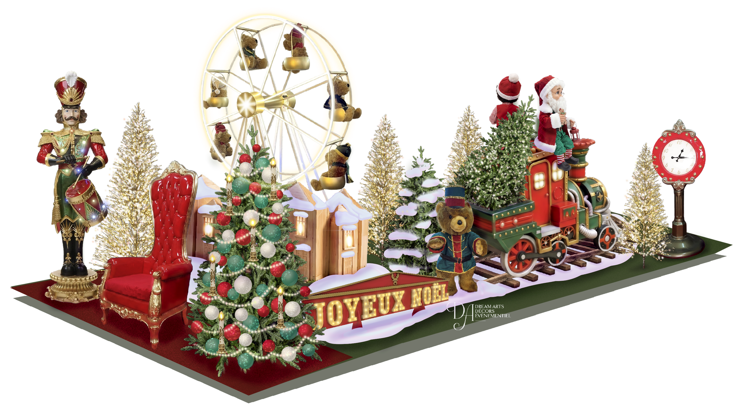 Décor de Noël comprenant un petit train avec le Père Noël et un ours en peluche, des sapins de Noël décorés, une grande roue avec des ours en peluche, un fauteuil royal, une horloge et une pancarte « Joyeux Noël » sur un quai vert.
