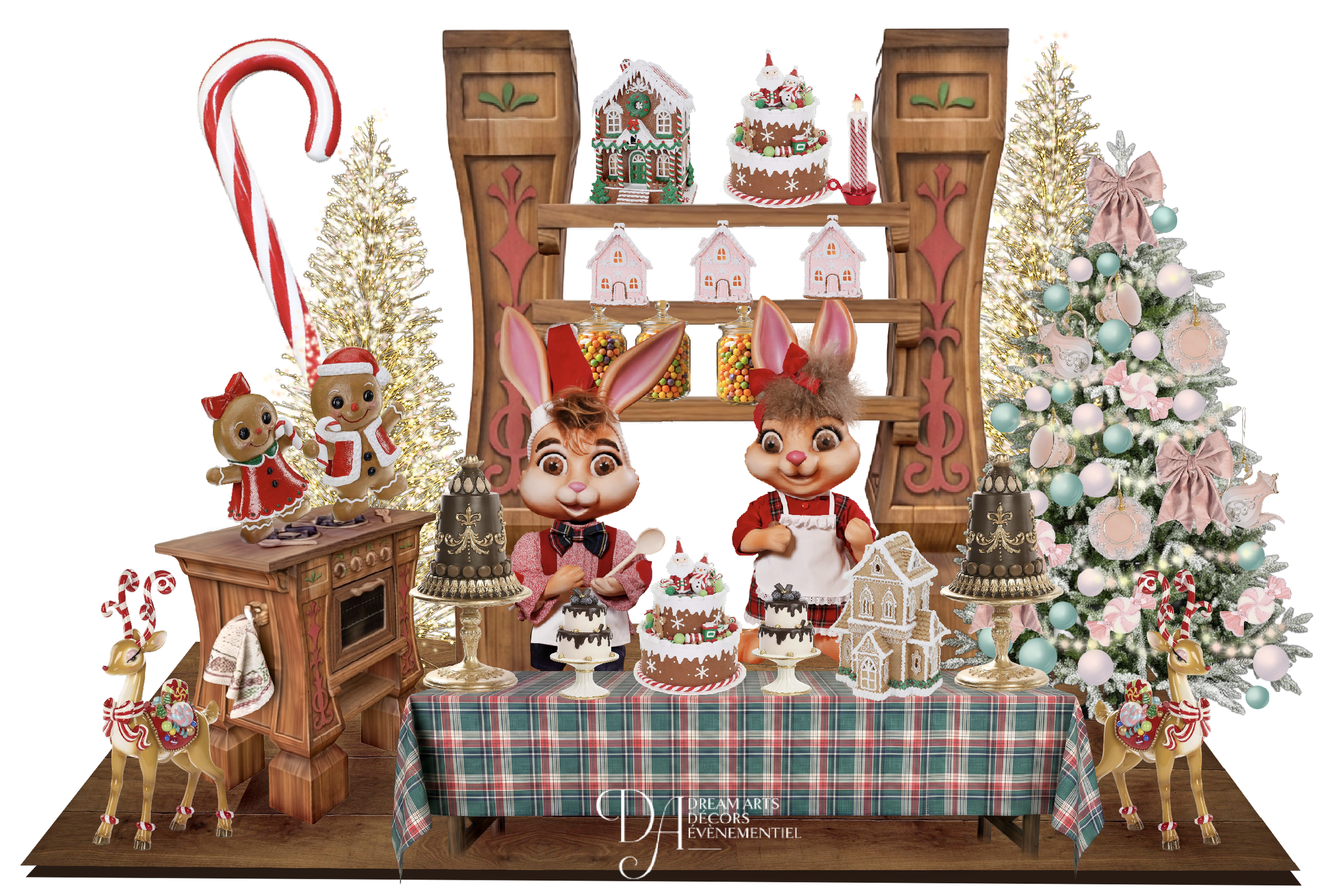 Décoration de Noël festive avec sapins décorés, maison en pain d'épice, figurines de lapins et de rennes, et desserts sur le thème de Noël sur une table recouverte d'une nappe à carreaux.