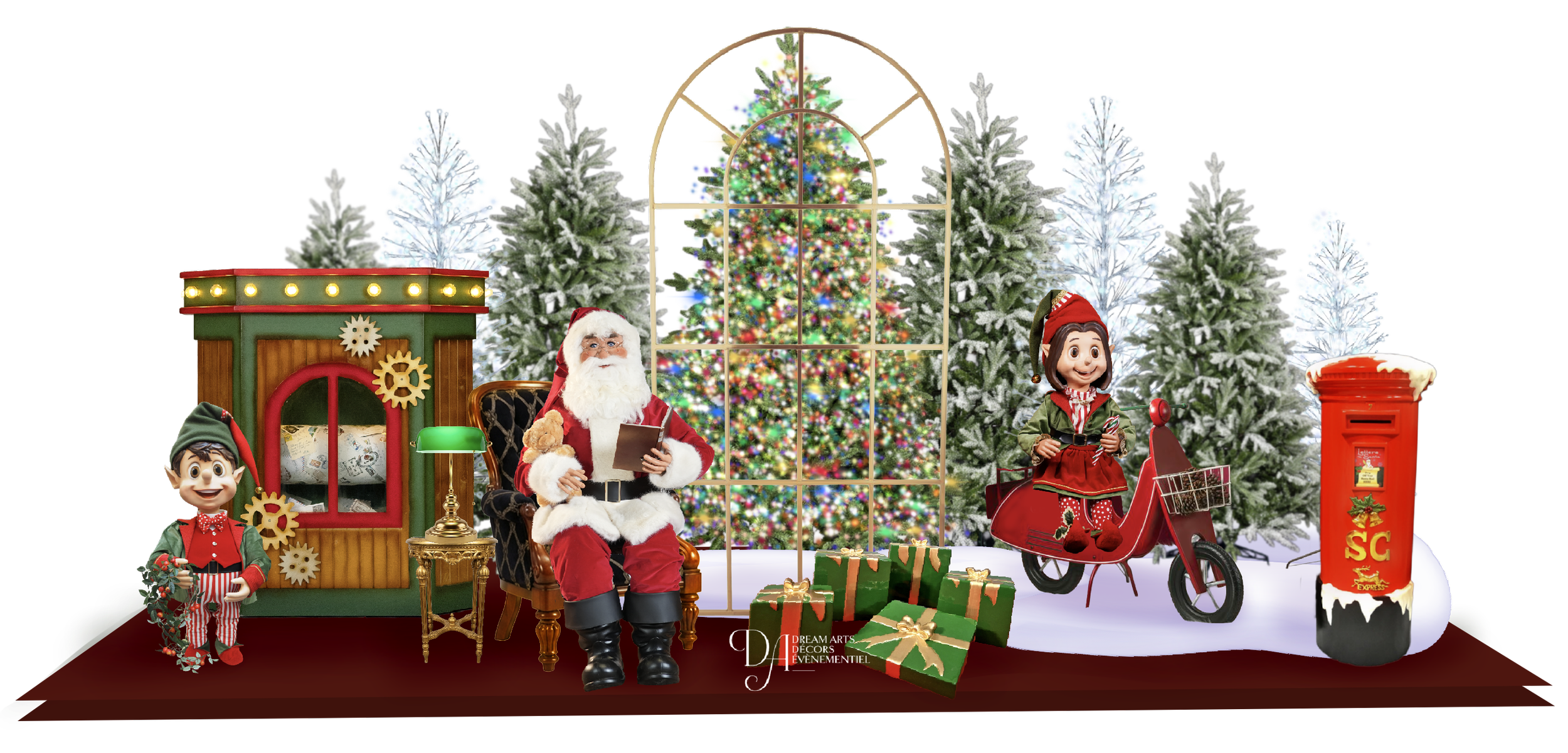Scène festive de Noël avec le Père Noël assis dans un fauteuil, lisant un livre, entouré de lutins en peluche, d'un sapin de Noël décoré et de décorations de fêtes comprenant une boîte aux lettres et des cadeaux emballés.