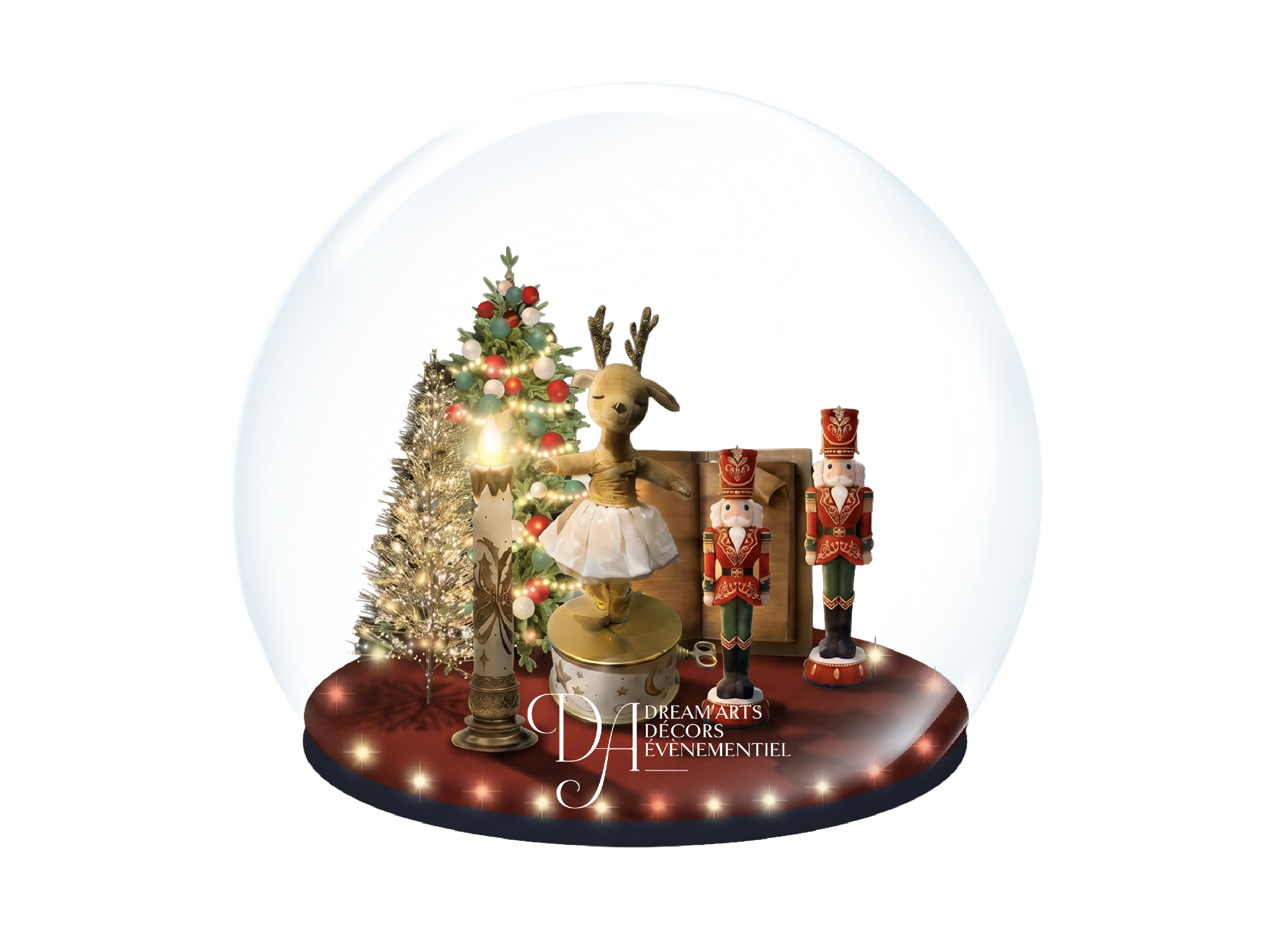 Scène décorative de Noël avec un petit sapin orné de décorations, une figurine de renne, des soldats casse-noisettes, des bougies et une tasse à thé, le tout illuminé par des lumières chaudes et placé sur une surface rouge.