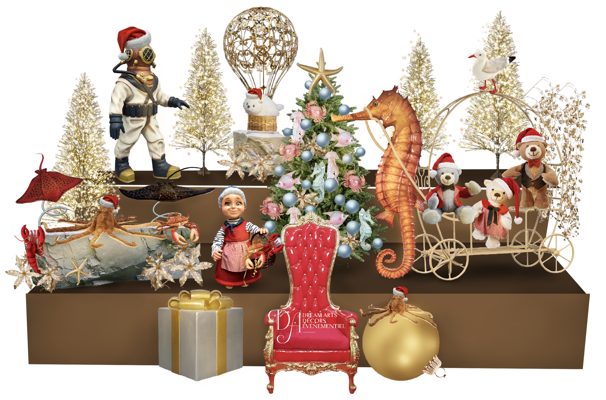 Une scène de Noël festive avec un sapin décoré, des animaux en peluche et des ornements de Noël, dont un bonnet de Père Noël, une étoile de mer et une étoile, ainsi que des éléments fantaisistes comme une montgolfière et un trône du père noël.
