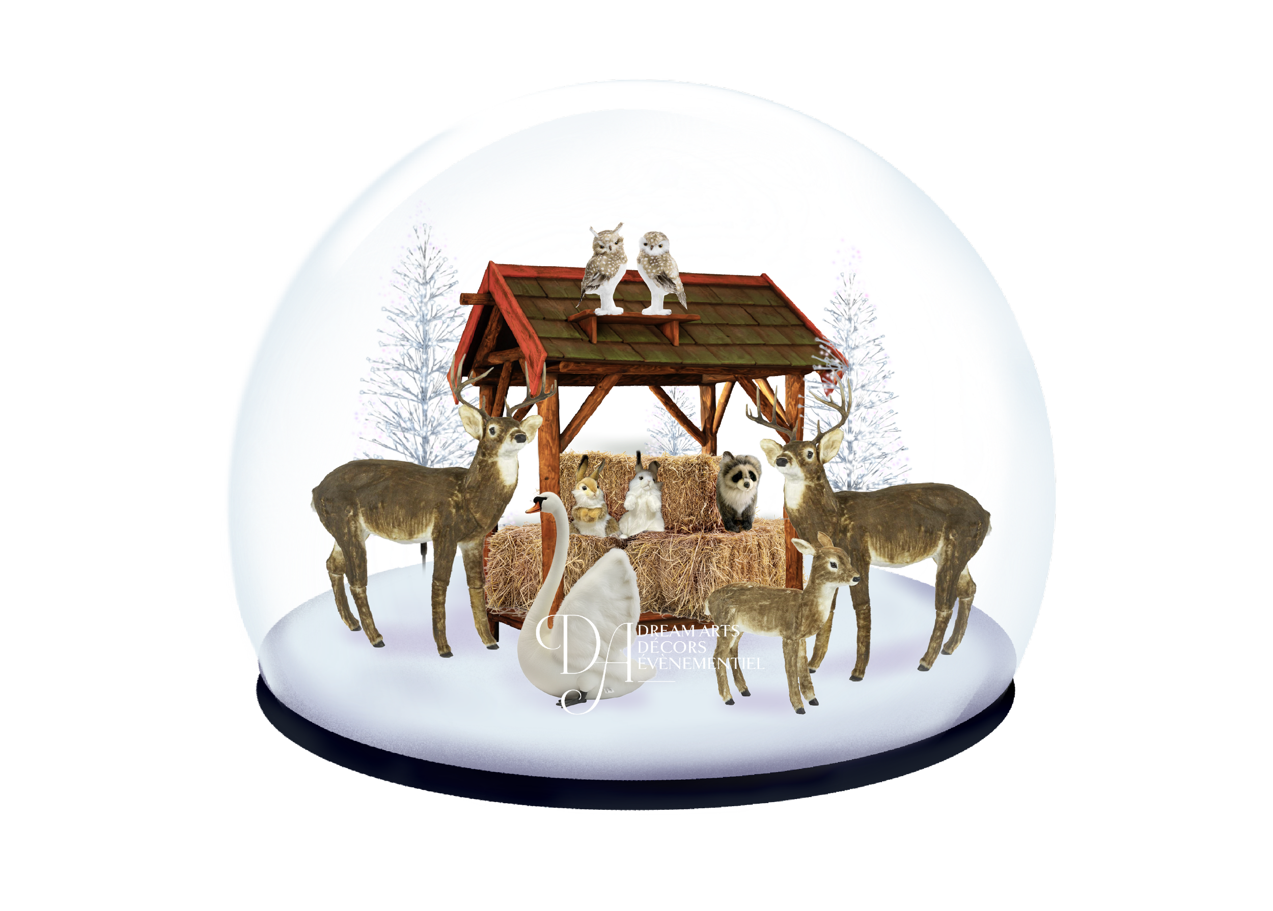 Une scène, un décor hivernale festive représentant une petite étable en bois avec deux hiboux sur le toit, entourée de divers animaux, dont des cerfs, des lapins, des ratons laveurs, un renard, un lynx, un blaireau, une moufette, un pingouin.