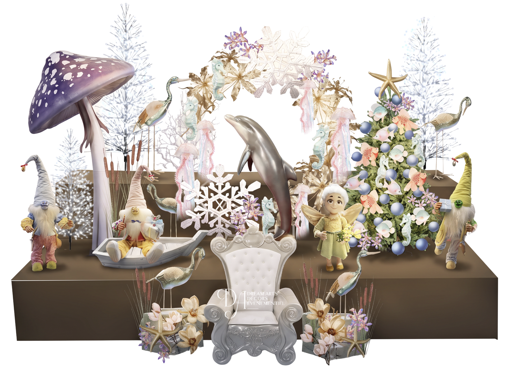 Décoration sur le thème de Noël comprenant des figurines blanches et argentées, un sapin de Noël décoré de boules et de fleurs, des arbres blancs illuminés, des figurines fantaisistes représentant notamment des gnomes et des animaux.