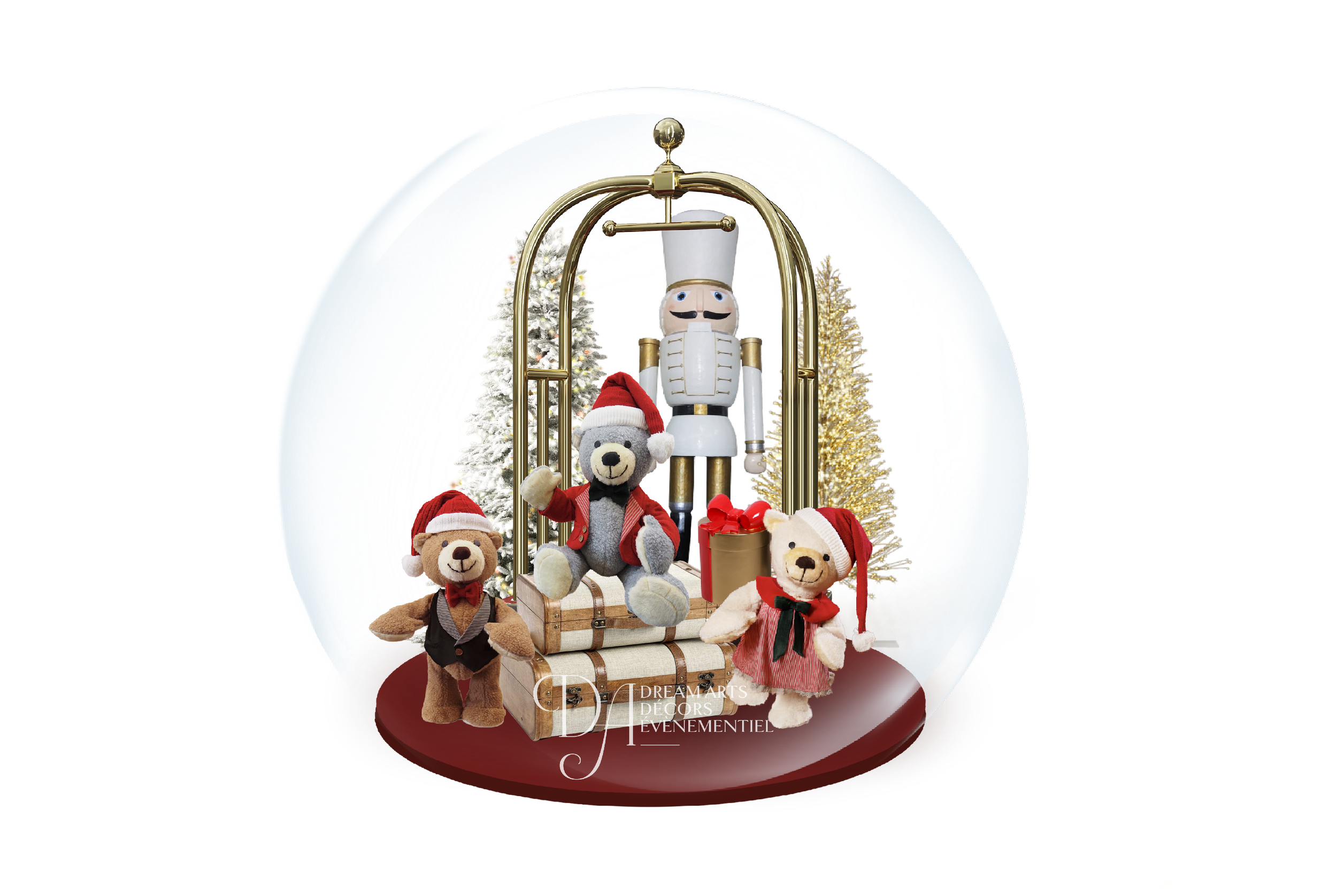 Décor de Noël avec des peluches vêtues de vêtements de fête, un grand casse-noisette doré, des sapins de Noël décorés, des cadeaux emballés et des ornements.