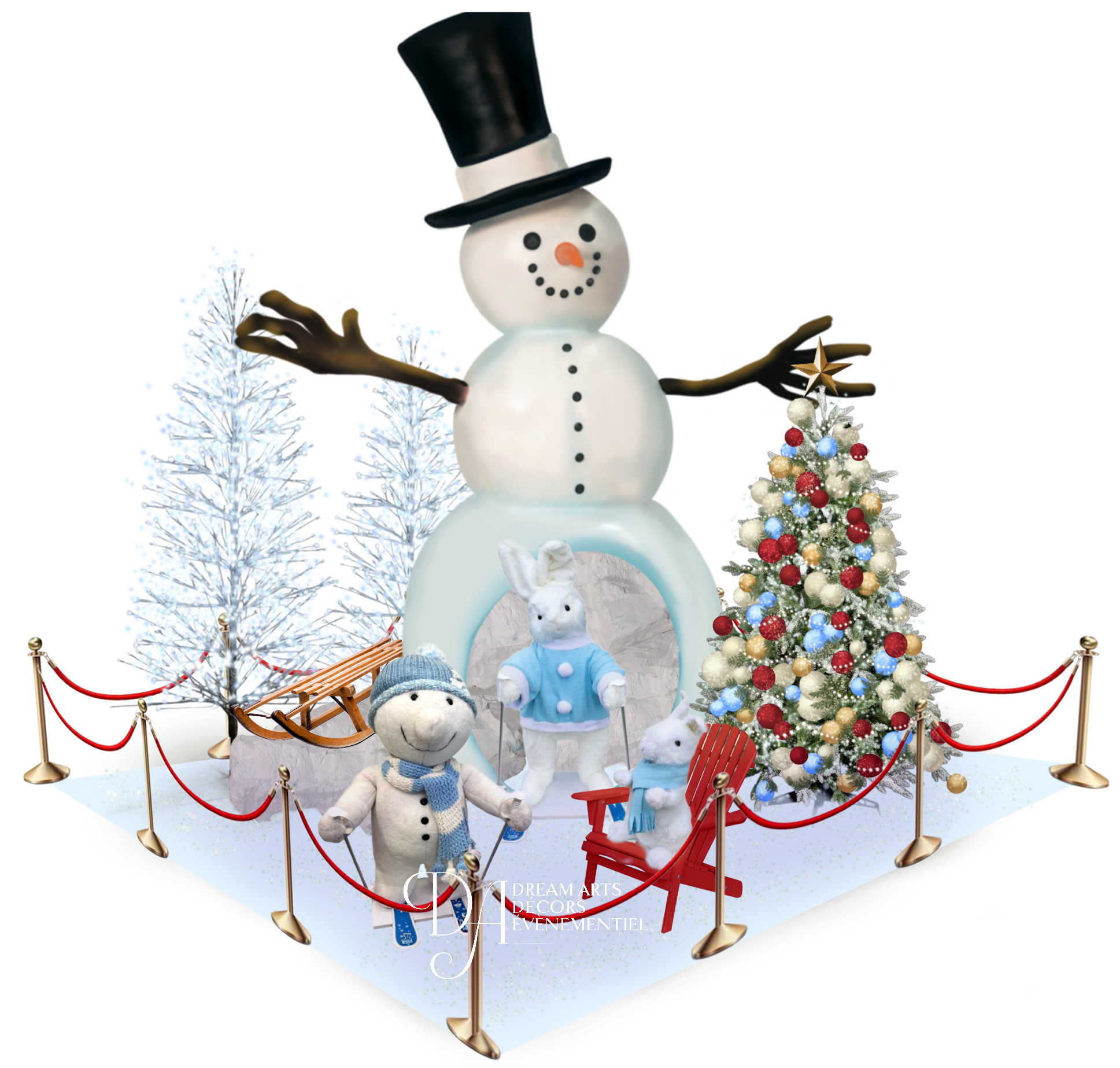 Décoration de Noël représentant un grand bonhomme de neige souriant avec un haut-de-forme noir et un nez orange, entouré de petits bonhommes de neige vêtus d'écharpes bleues, d'un traîneau et d'un sapin de Noël décoré.