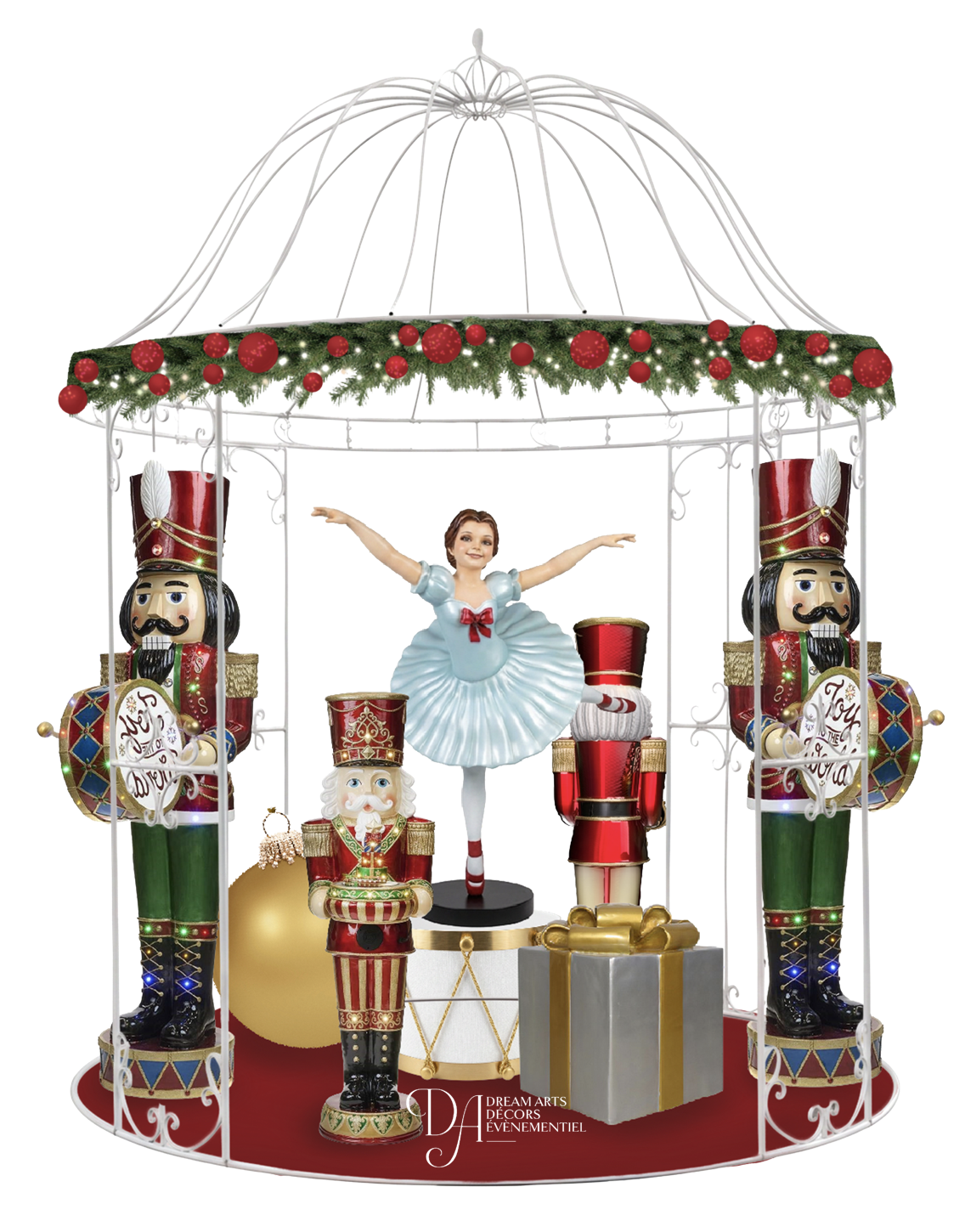Décoration sur le thème de Noël mettant en scène une danseuse de ballet, des figurines de casse-noisette, des cadeaux et des décorations festives.