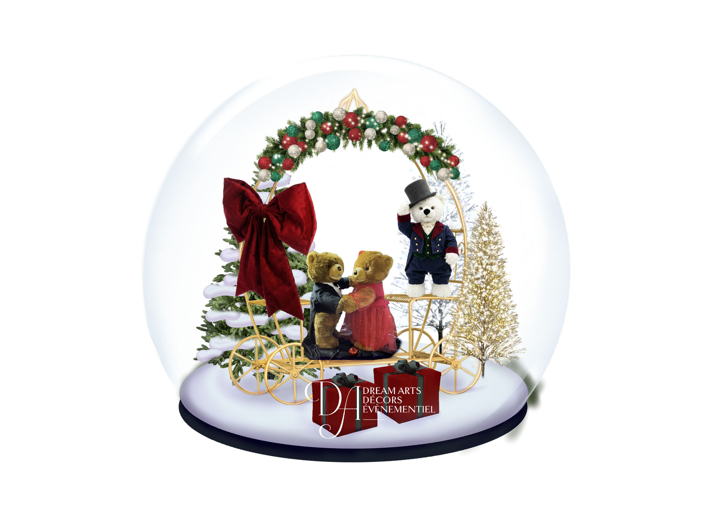 Décor de Noël avec des ours en peluche, un noed décoré, un sapin de Noël et des décorations festives sur un fond enneigé.