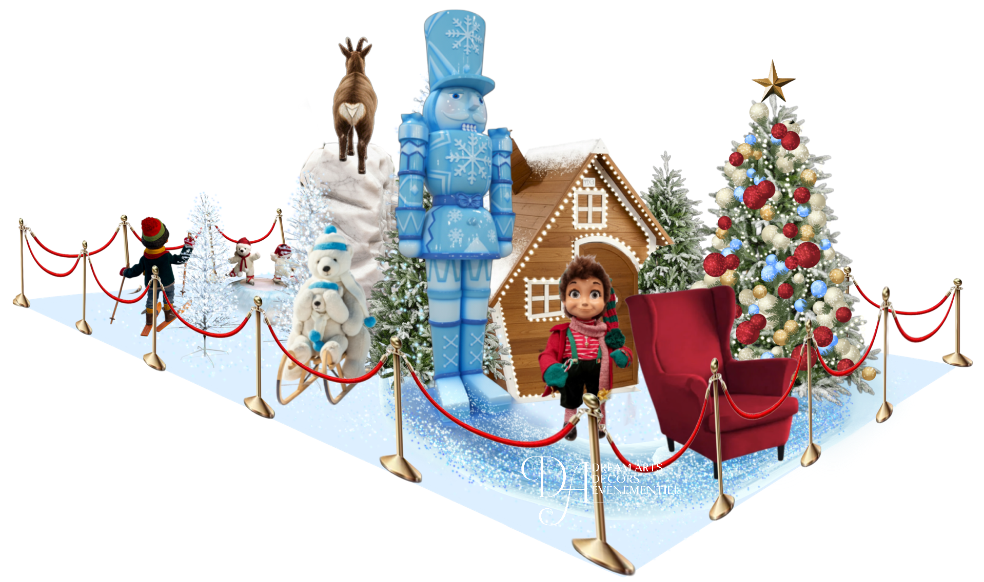 Scène, décor de Noël avec un soldat de plomb bleu géant, un grand sapin de Noël décoré, une maison en pain d'épice, un ours polaire, un renne, un bonhomme de neige, un jeune garçon et un fauteuil rouge, le tout entouré d'une barrière de corde rouge.