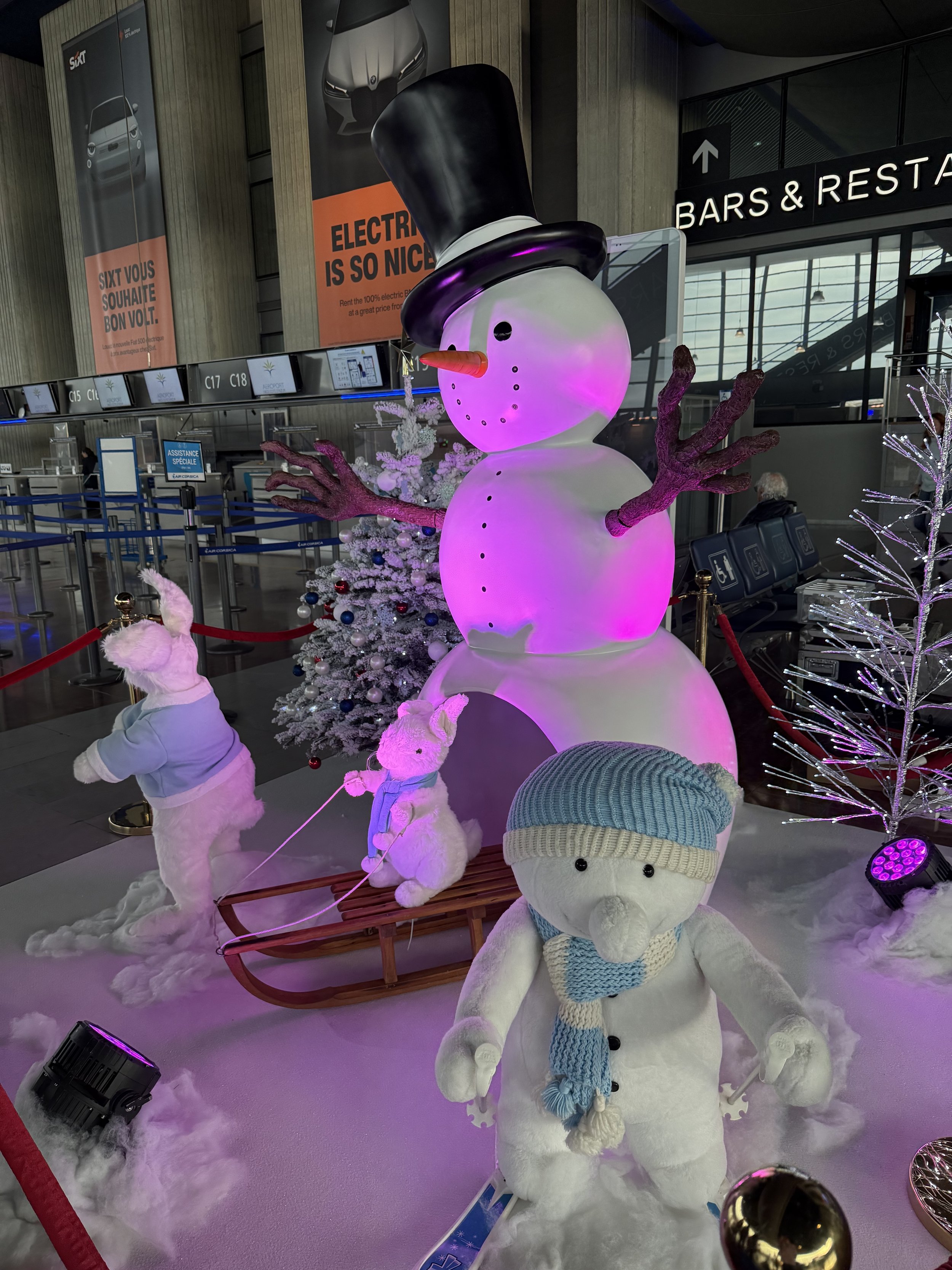 Décor représentant un bonhomme de neige avec un haut-de-forme noir, un nez orange et des éclairages violets, entouré de plusieurs petits bonhommes de neige portant des écharpes et des chapeaux bleus. L’ensemble est agrémenté de sapins de Noël décorés