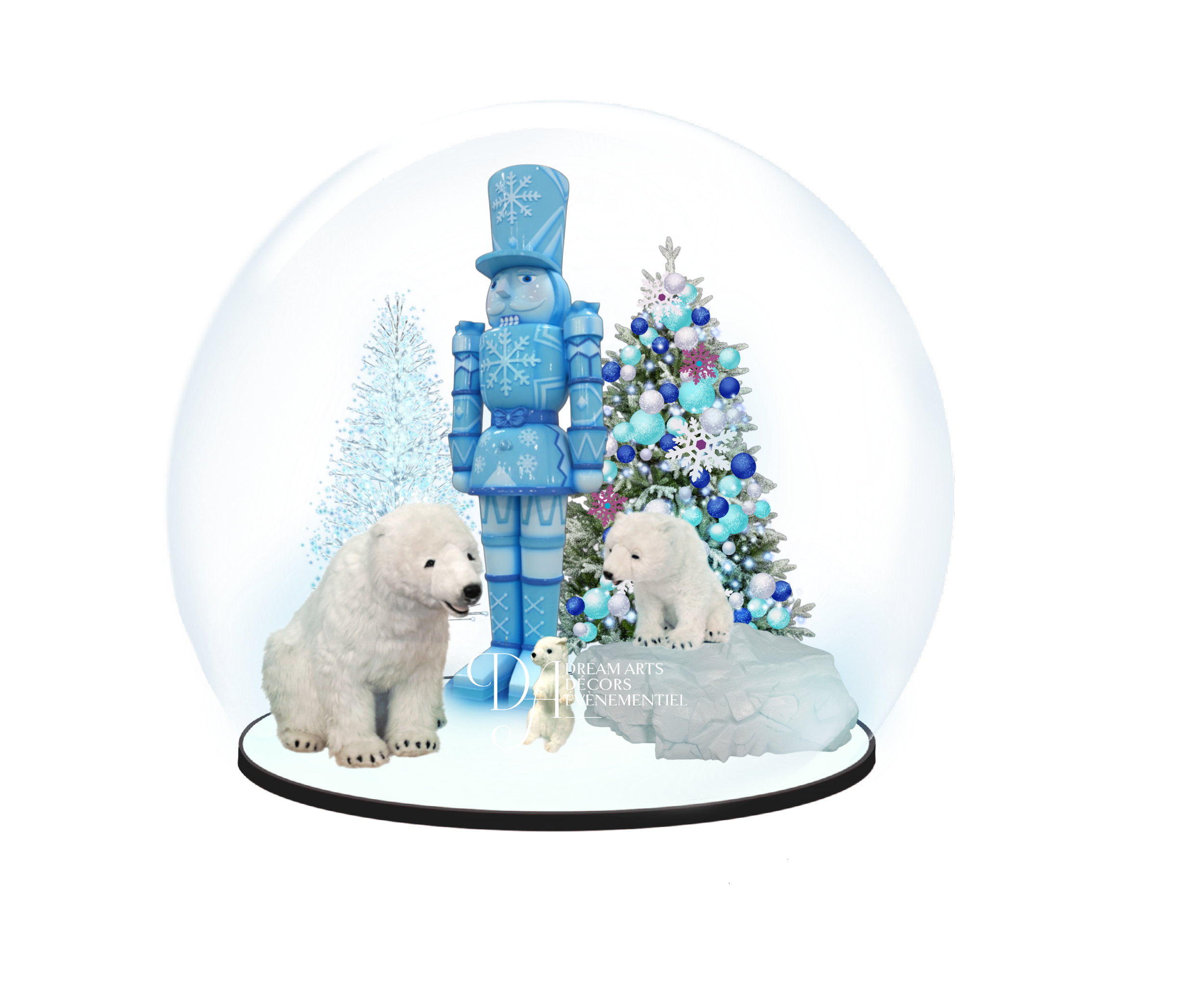 Scène hivernale décorative représentant des ours polaires, un sapin de Noël orné de décorations, un bonhomme de neige et un casse-noisette, dans les tons bleus et blancs.