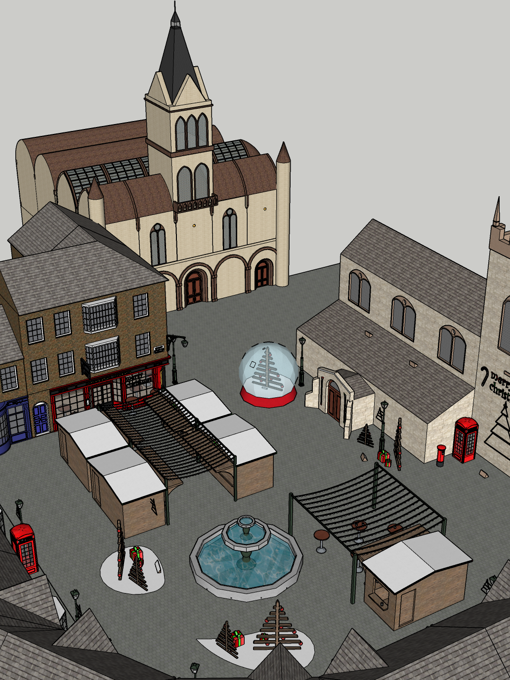 Dessin numérique d'une place de ville avec une église, une fontaine, des décorations de Noël et des illuminations de fêtes.