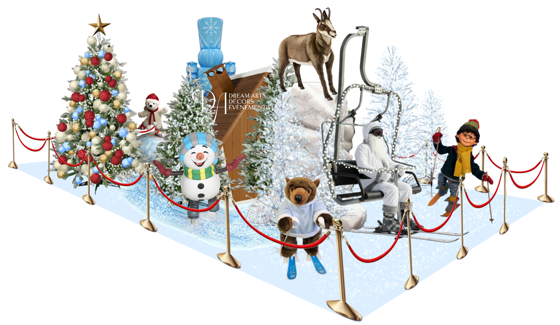 Scène de Noël avec des sapins décorés, un bonhomme de neige, un ours en peluche, un âne, une personne déguisée en Père Noël blanc, un personnage animé avec des lunettes et une écharpe jaune, un skieur et une personne sur un télésiège.