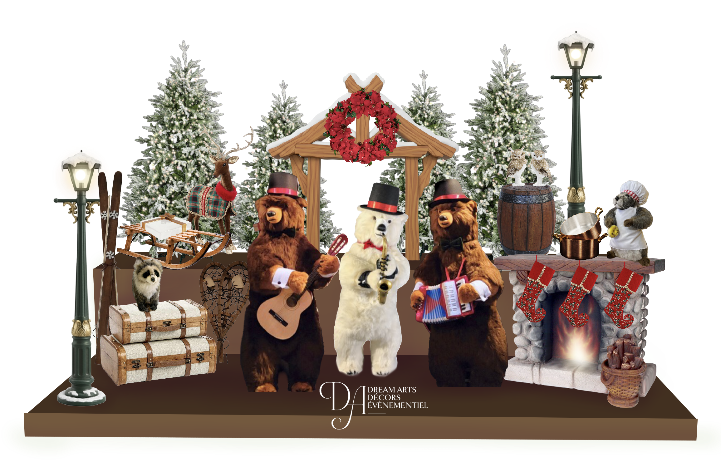 Scène de Noël avec des pins enneigés, des animaux de la forêt, des musiciens, des chaussettes de Noël et une cheminée avec des chaussettes suspendues.