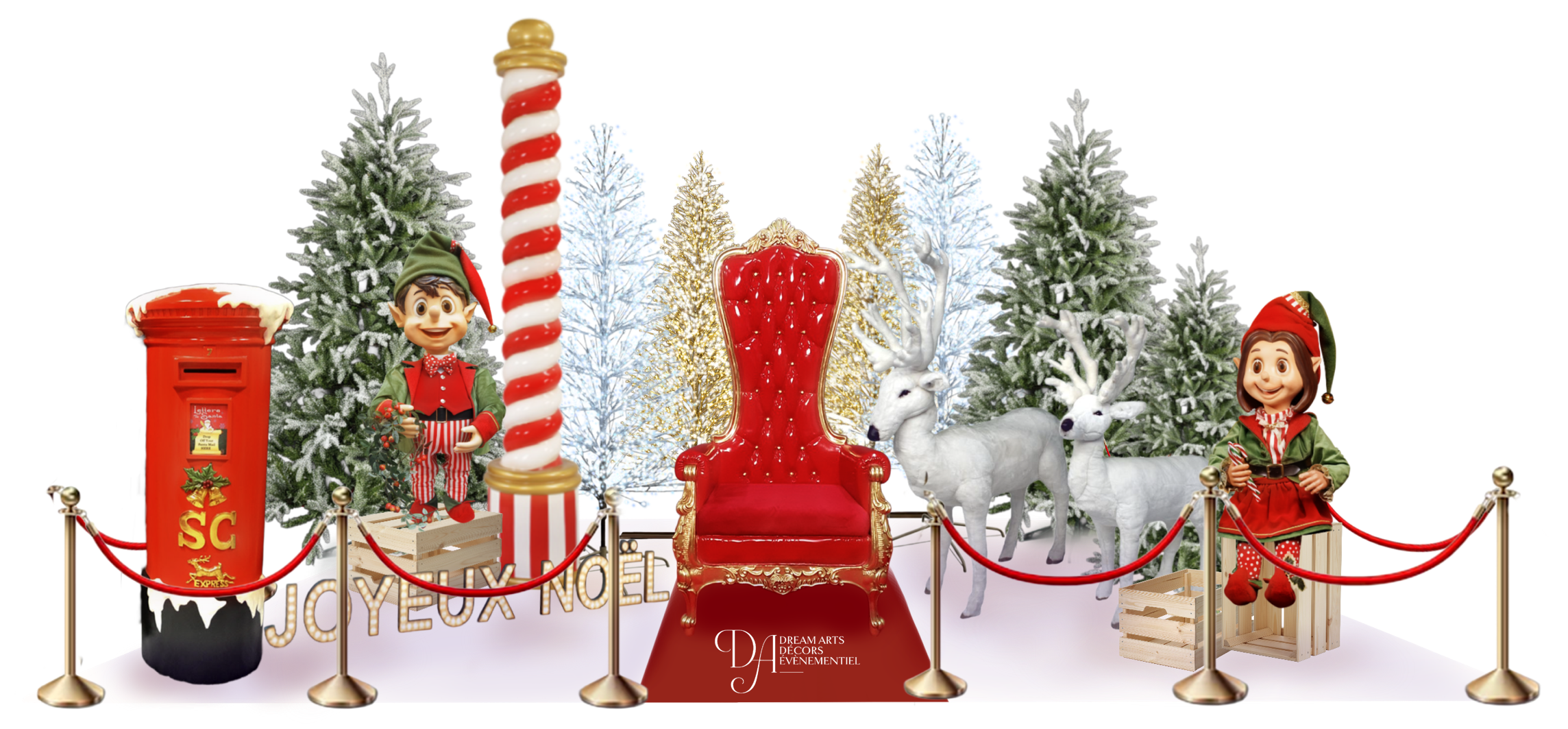 Scène de Noël avec un trône rouge au centre, entouré de pins enneigés, de deux rennes, d'elfes, d'une boîte aux lettres du Père Noël et de décorations festives.