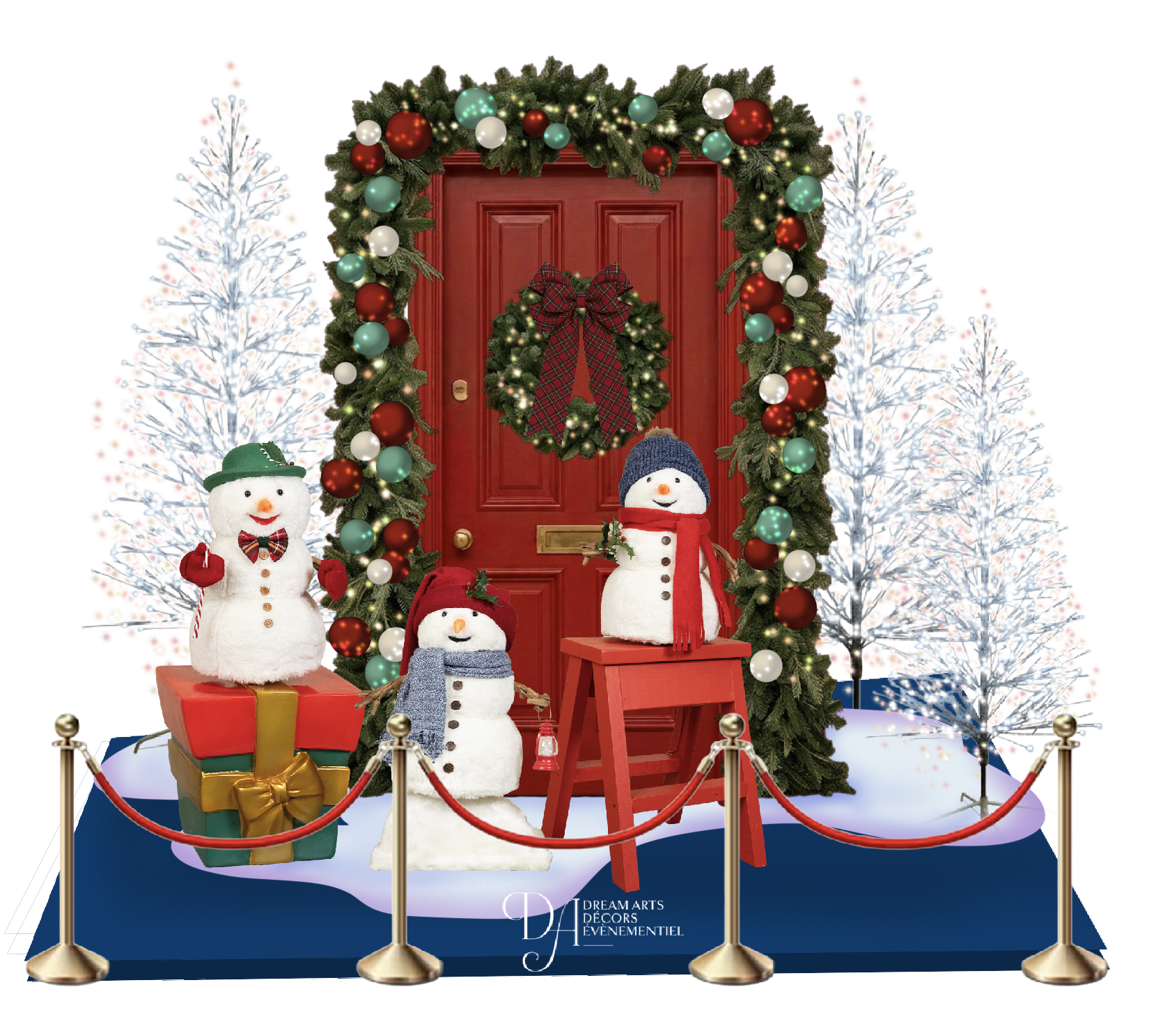 Scène de Noël avec une porte rouge entourée d'une guirlande verte décorée de boules, des sapins de Noël blancs et rouges, des bonshommes de neige avec des écharpes et des bonnets, une grande boîte cadeau.