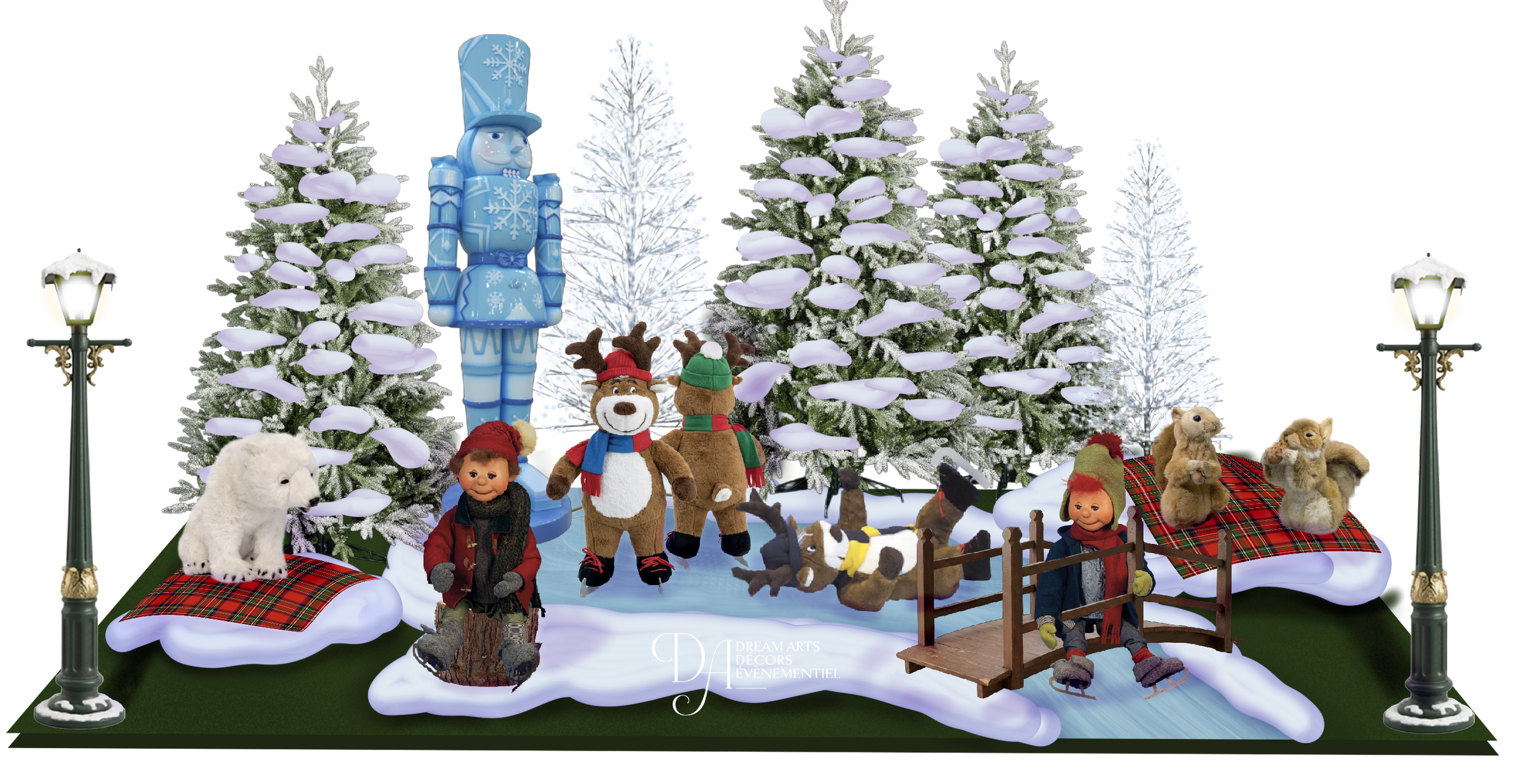 Une scène festive de Noël avec des pins enneigés, des animaux en peluche, dont un ours polaire, des rennes, des lapins et un chien, ainsi que des poupées, des figurines et des décorations de Noël.