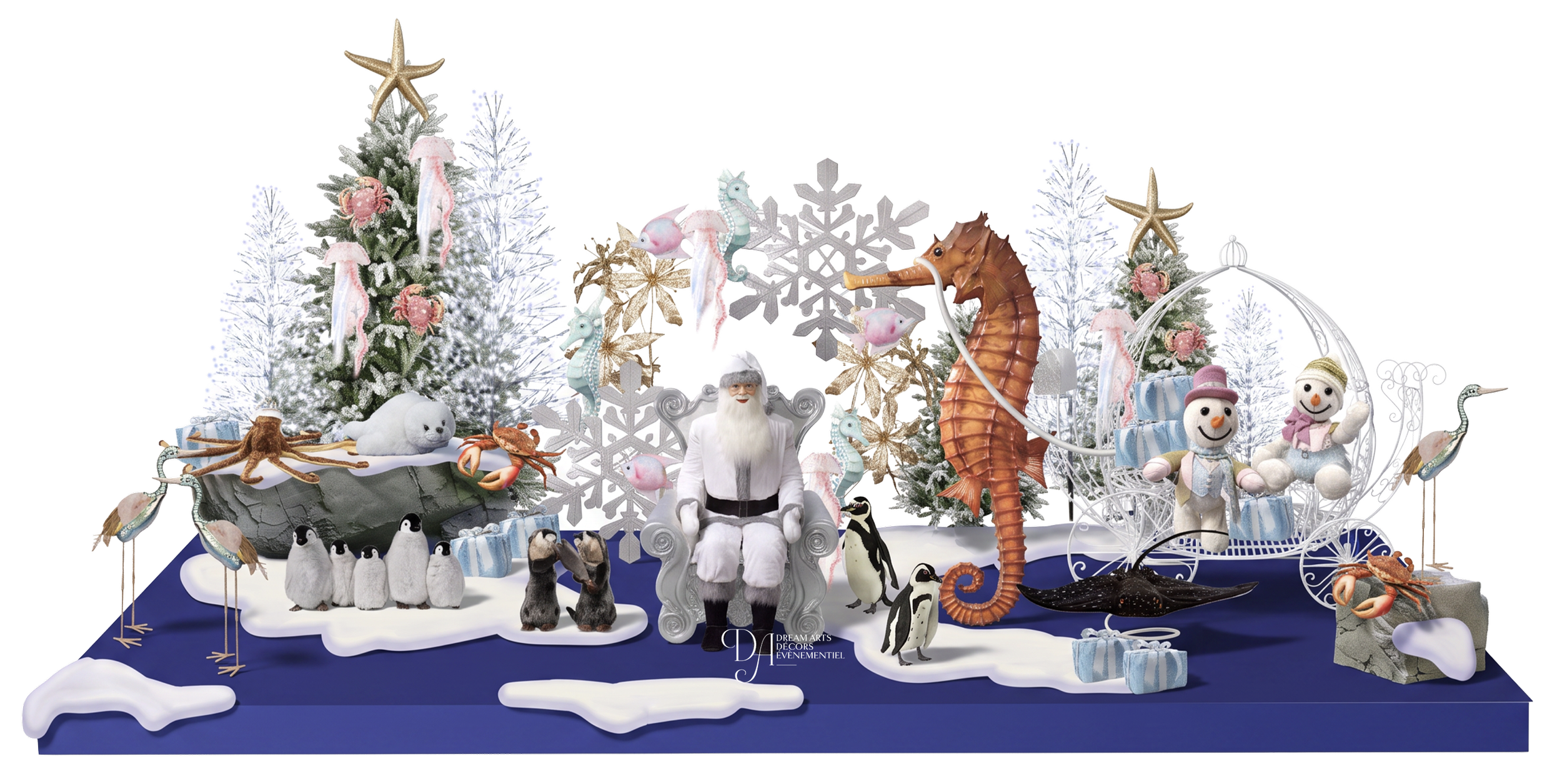 Scène, décor de Noël festive avec des arbres décorés, de la neige, une figurine du Père Noël, des bonshommes de neige en peluche, des pingouins, des phoques et diverses décorations de Noël sur un fond enneigé bleu et blanc.