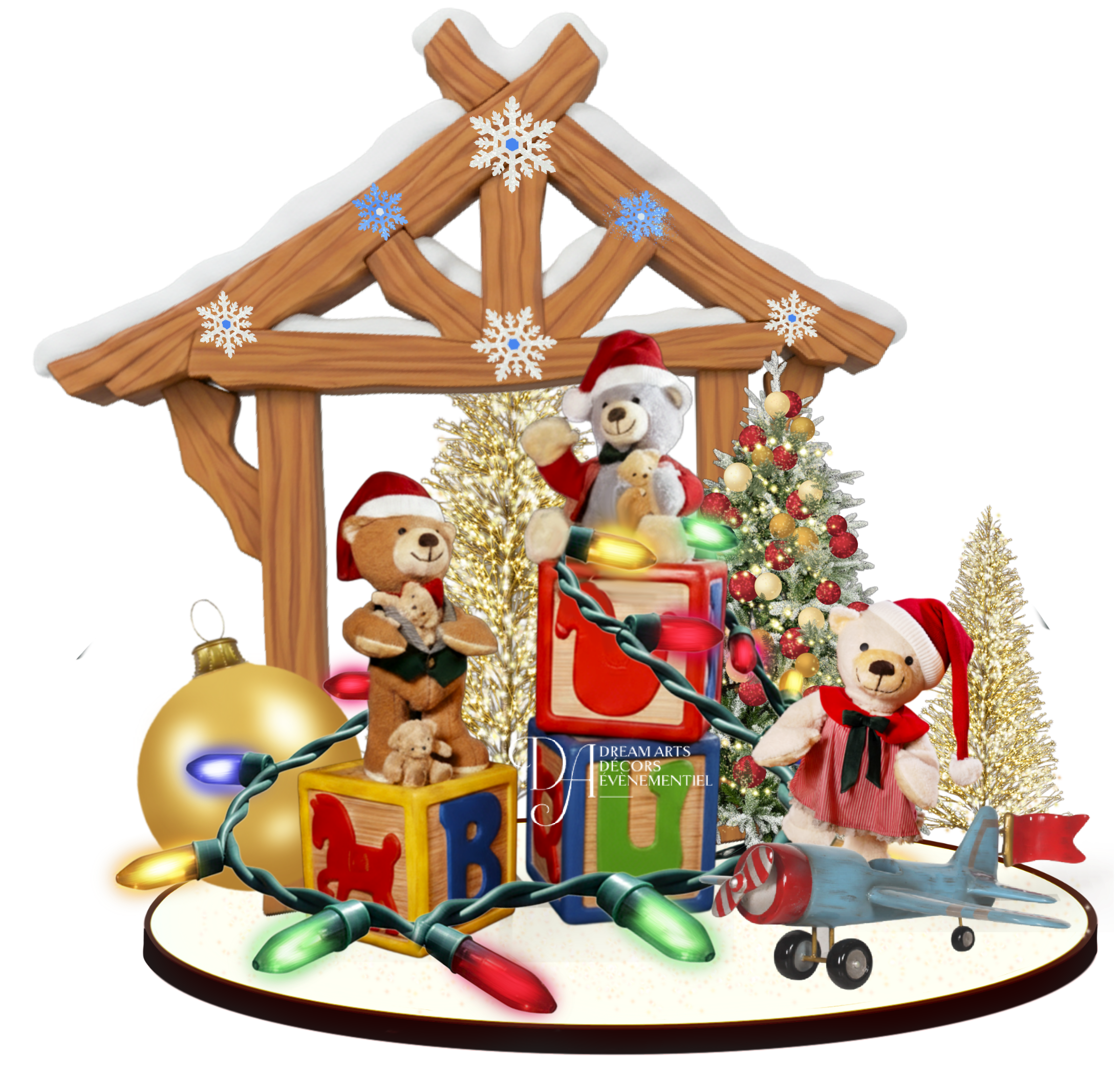 Scène de Noël décorative avec une maison en bois type chalet, des ours en peluche, un sapin de Noël, des décorations colorées et des lumières.