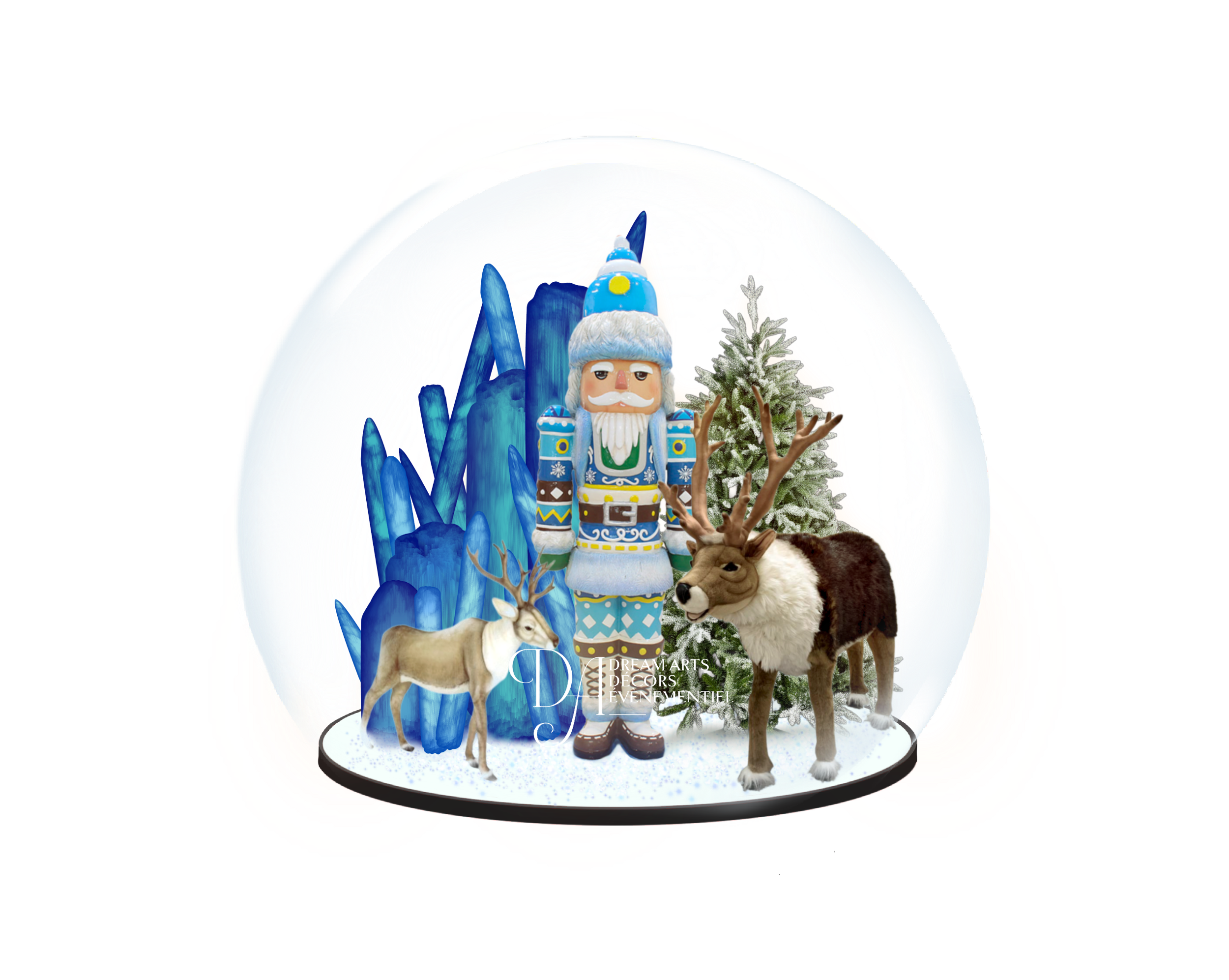 Scène sur le thème de Noël avec des soldats de plomb, des rennes et un sapin de Noël.