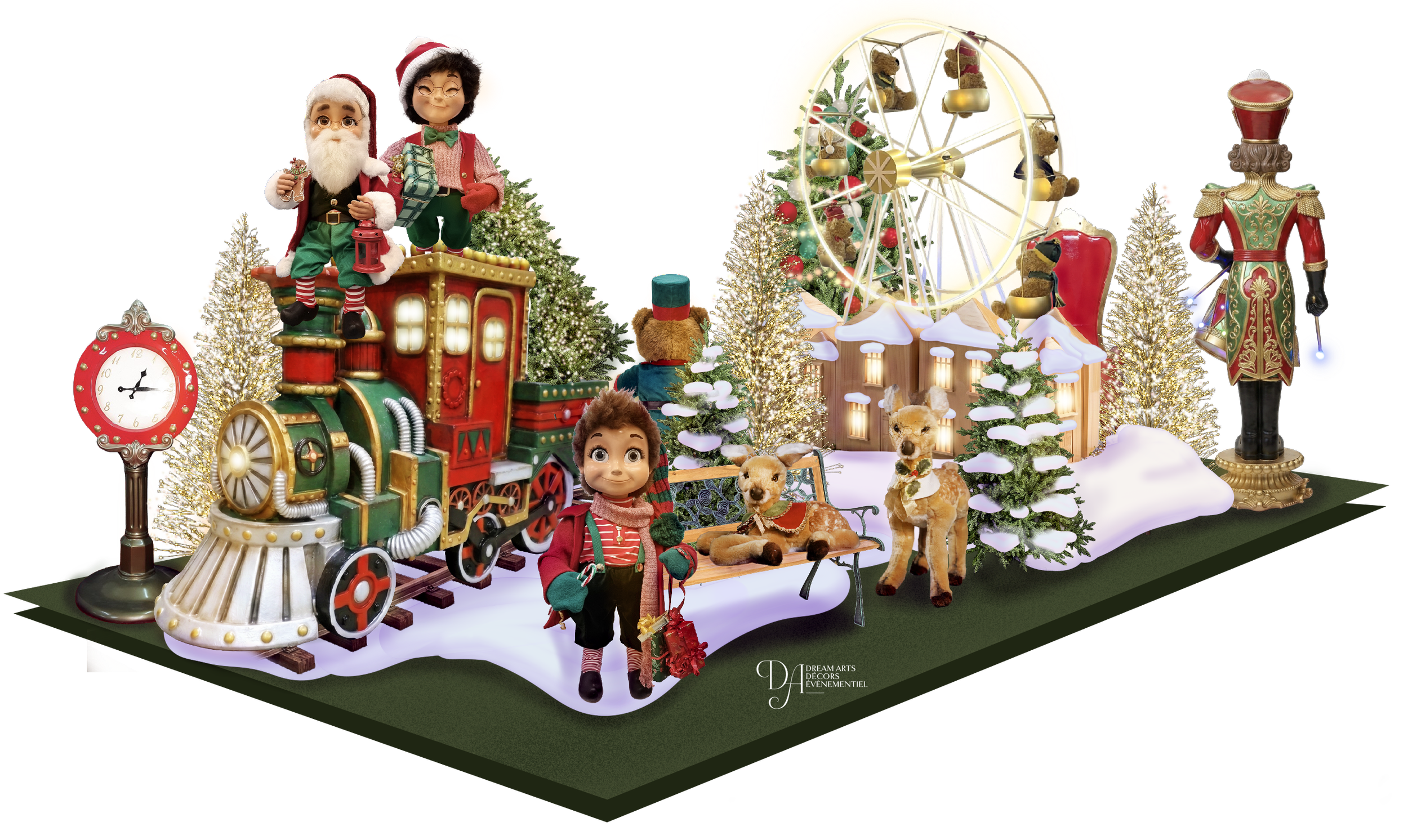 Décor de Noël festif avec des figurines du Père Noël et des lutins, des sapins de Noël décorés, un train miniature, un sol enneigé et diverses décorations de fêtes.