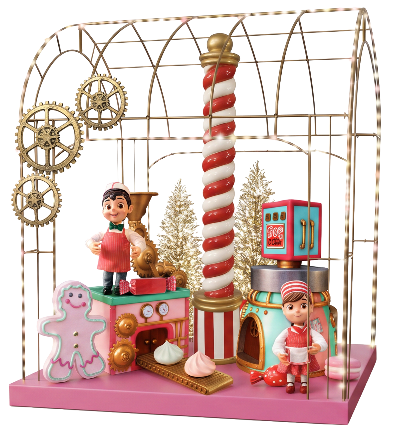 Décor coloré sur le thème des fêtes avec des personnages animés, un bonhomme en pain d'épice, une canne de Noël, des sapins de Noël et des pâtisseries dans un cadre fantaisiste.