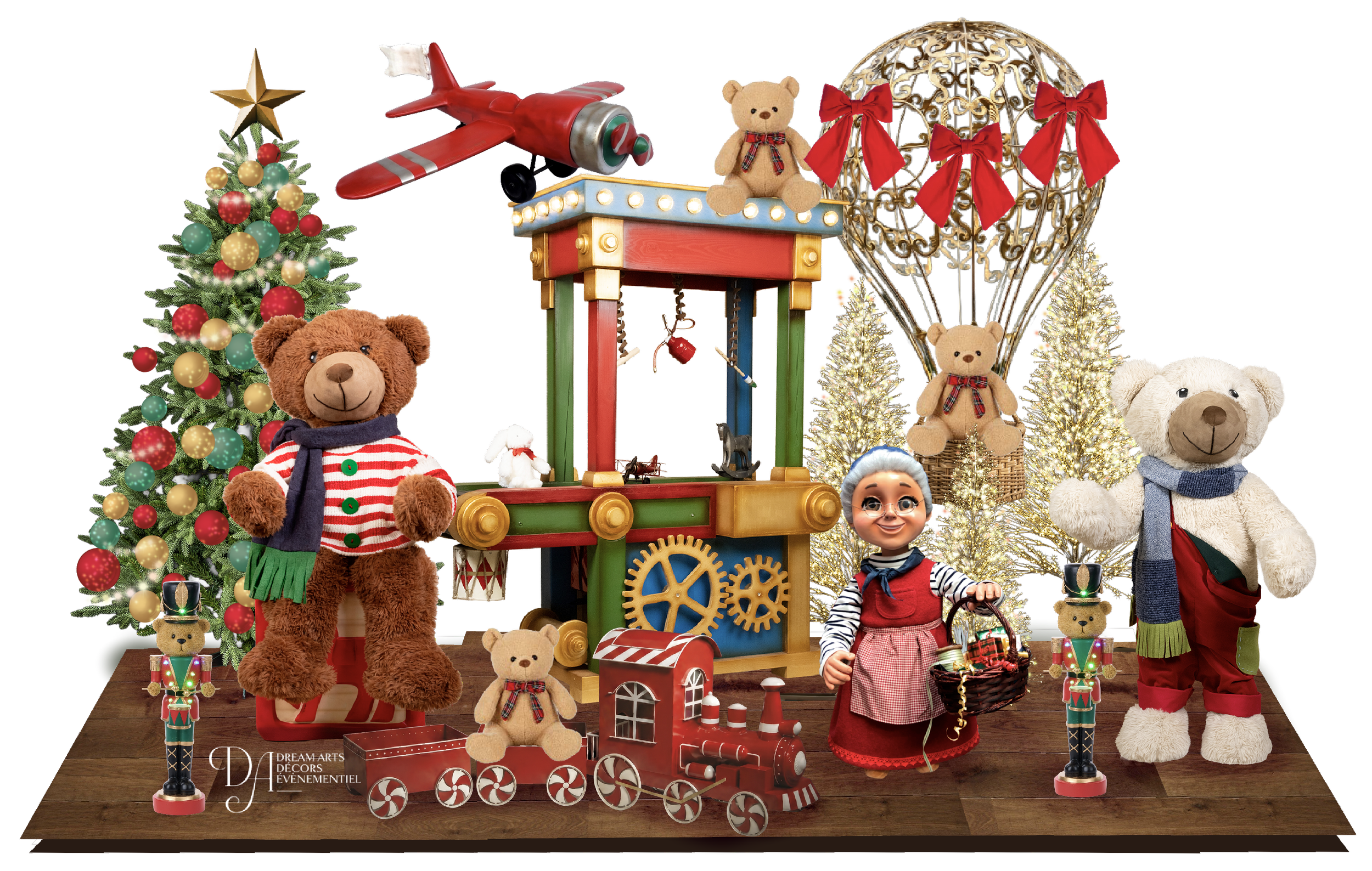 Décoration sur le thème de Noël avec des ours en peluche, un sapin de Noël décoré, un avion miniature, un train rouge de style vintage, des petites figurines de casse-noisettes et des sapins de Noël illuminés.