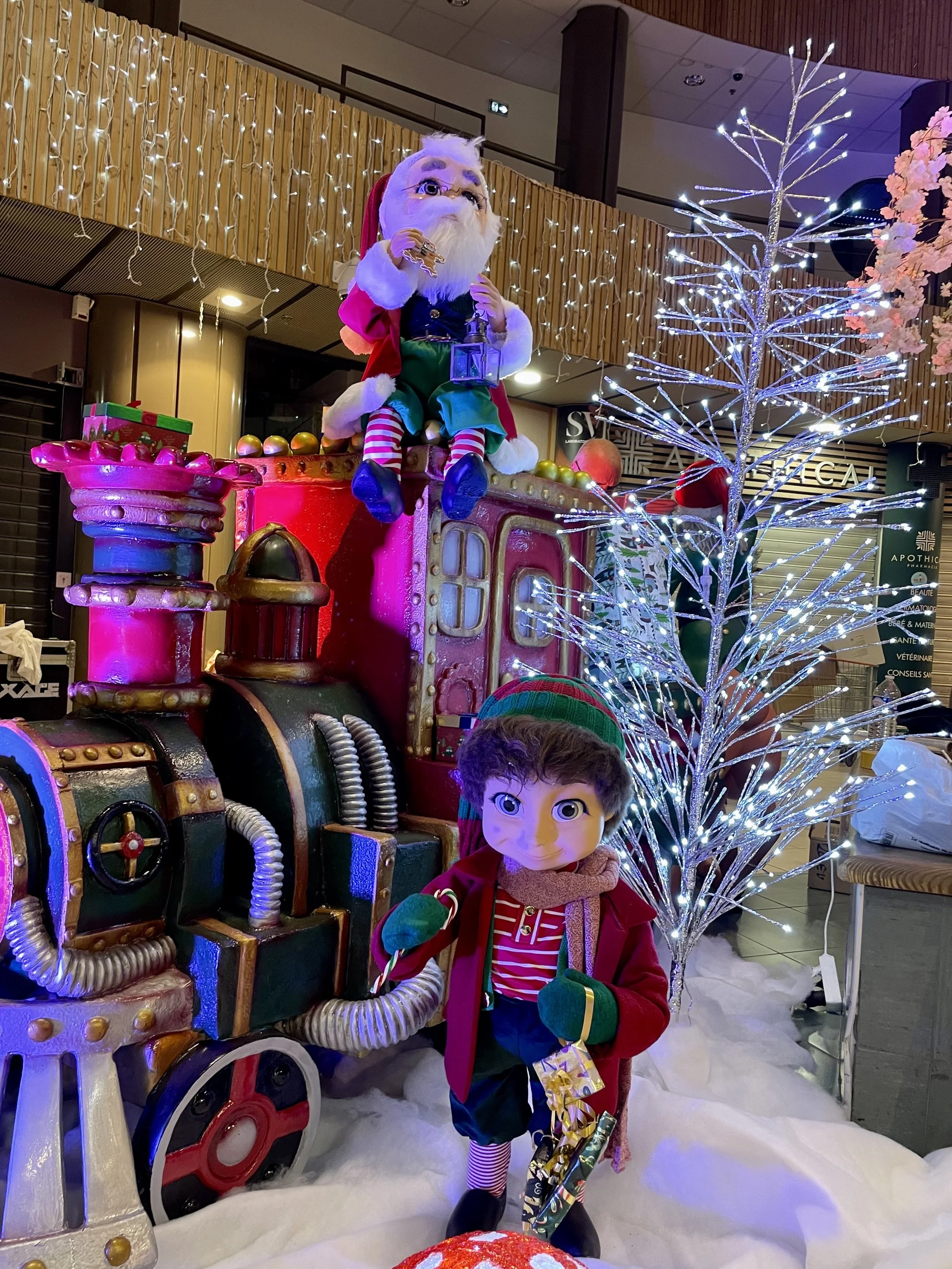 Une scène de Noël avec un train décoré, une peluche elfe et un grand visage de Père Noël sur les genoux de ce dernier. Des sapins illuminés et ornés de décorations, entourés de fausse neige, complètent le décor, dans un centre commercial couvert.