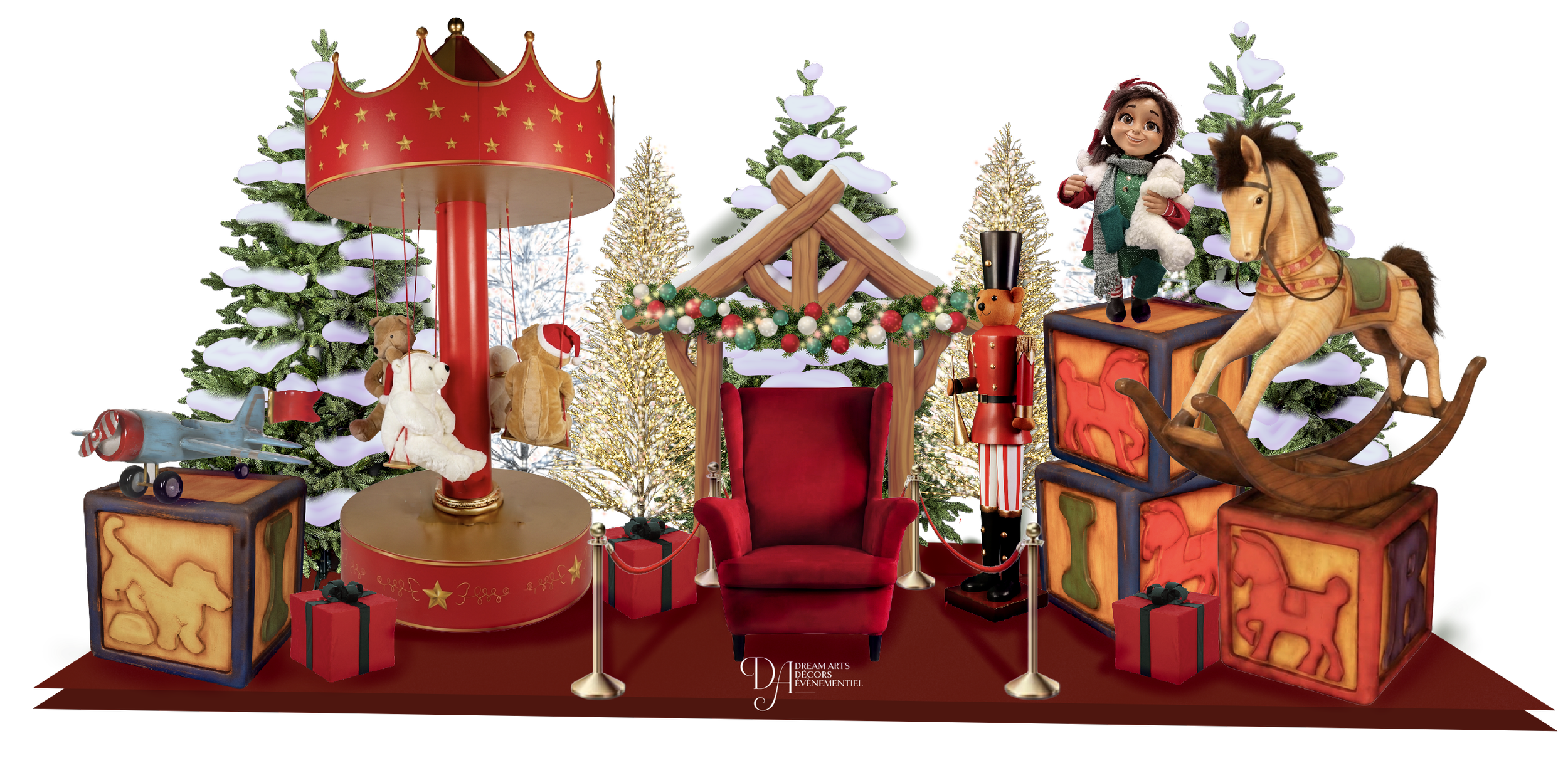 Scène sur le thème de Noël avec un trône royal rouge, entouré de sapins de Noël décorés, de cadeaux, de peluches, d'un cheval à bascule, d'un casse-noisette, d'un avion miniature et d'un décor féerique aux couleurs rouge et or.