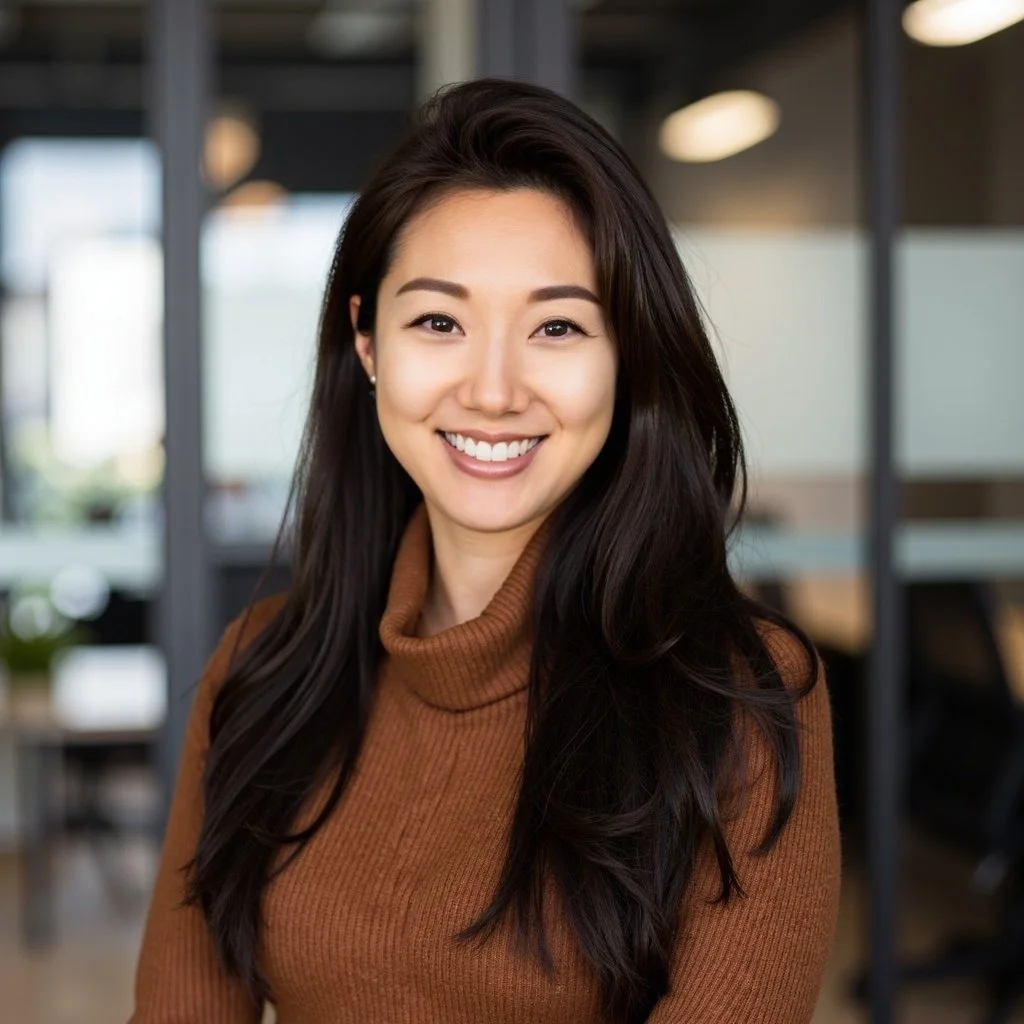 A young woman with long dark hair smiling in an indoor office setting.