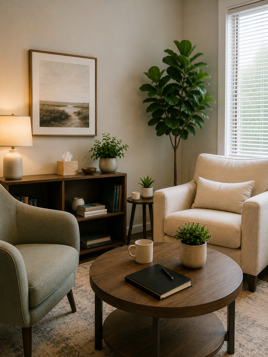 Living room corner with beige armchair, green armchair, and wooden coffee table with notebook, pen, and small plants. A bookshelf and potted plants are against the wall, with a window on the right.