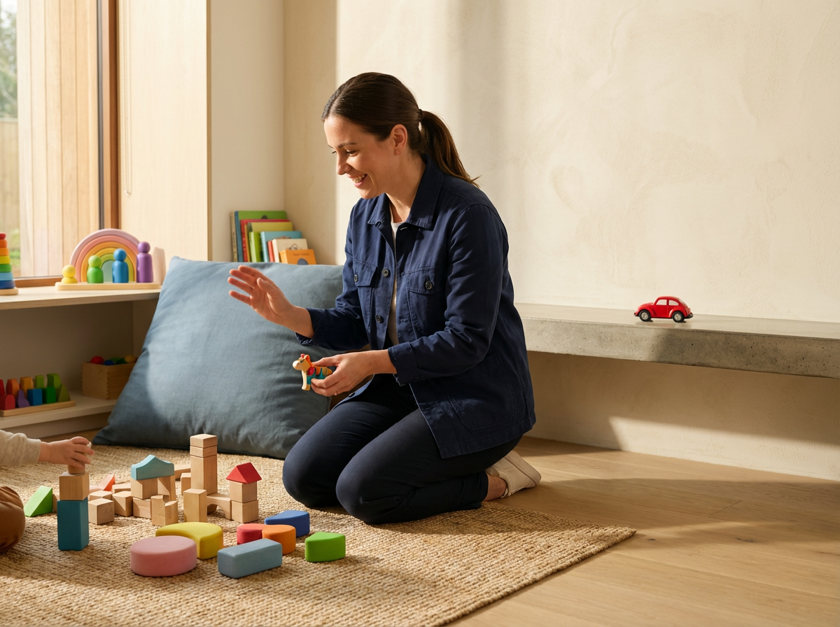 Woman kneeling on carpet, playing with colorful wooden blocks and toy animals in a sunny, cozy room with children's toys and books.