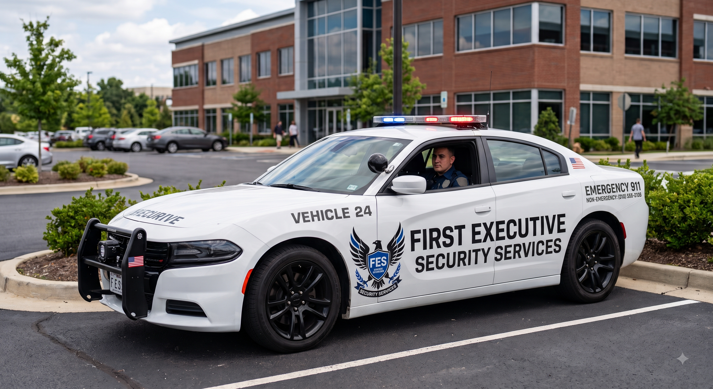 A white police car marked 'First Executive Security Services' with police lights on top, parked in a parking lot in front of a modern brick building with large windows. A police officer is sitting inside the car, and there are several cars and people in the background.